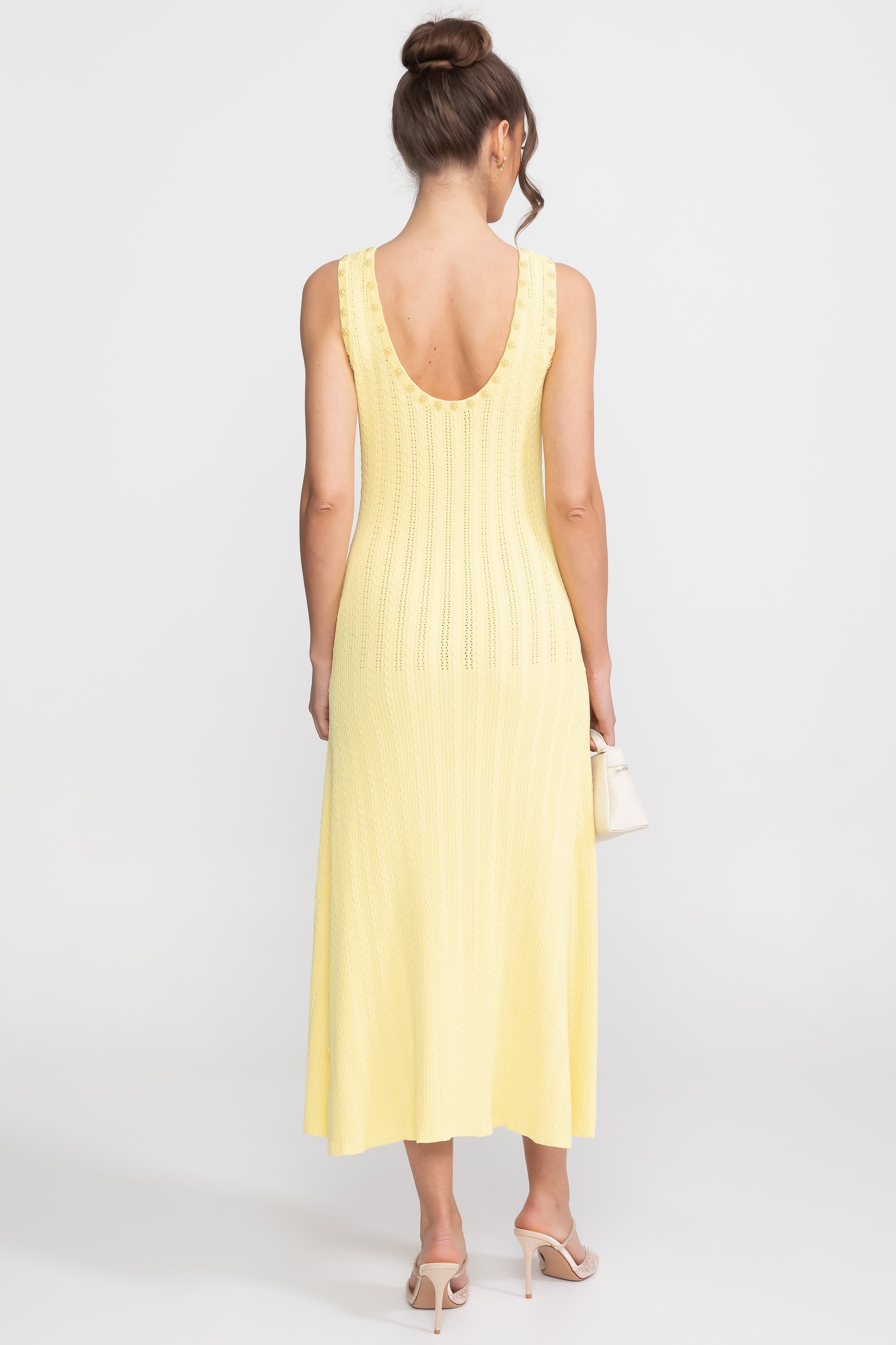 Ribbed Knit Dress and Cardigan Set With Pearl Button Detailing - Yellow