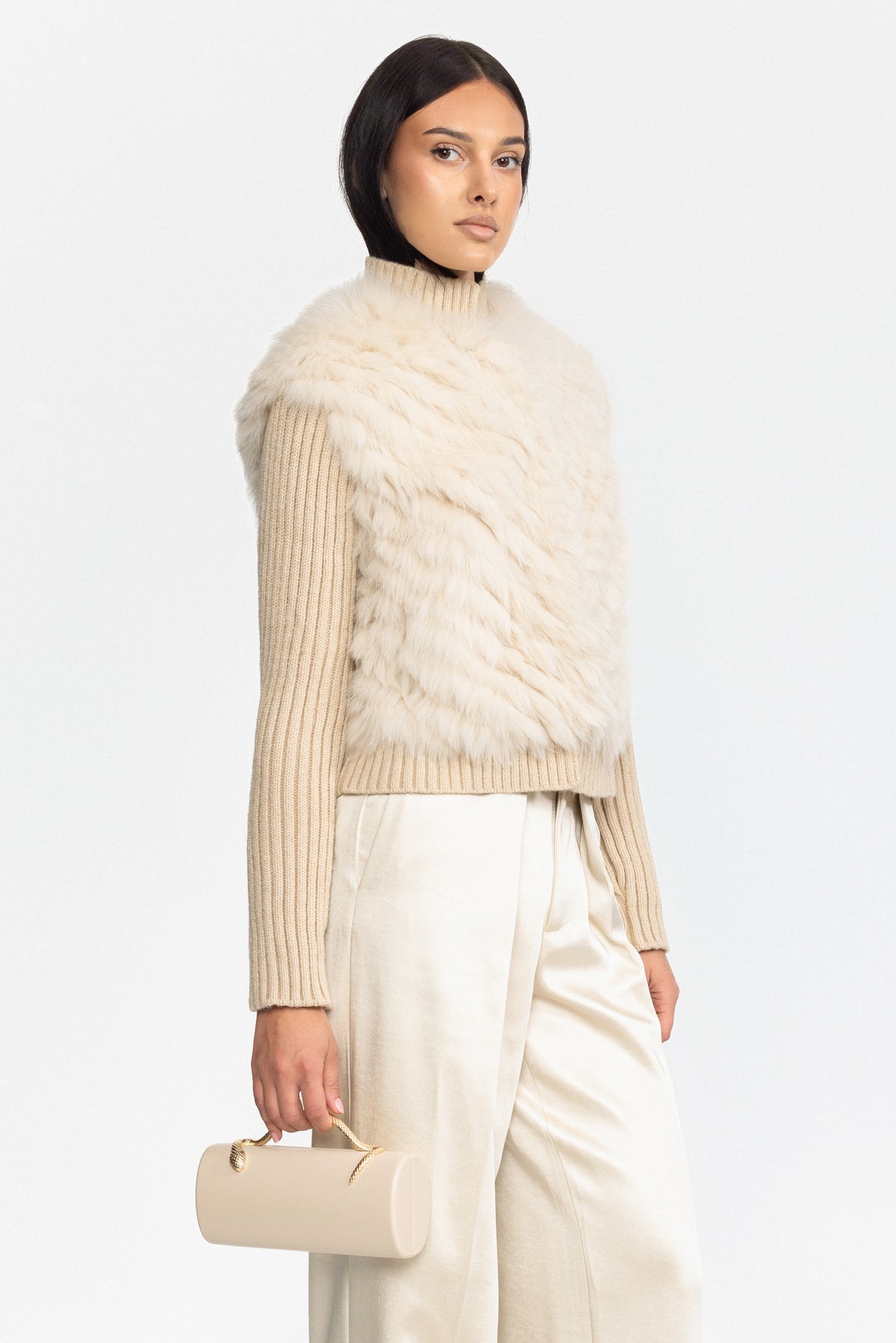 Knitted Fox Fur Jacket with Rib Knit Sleeves - Beige