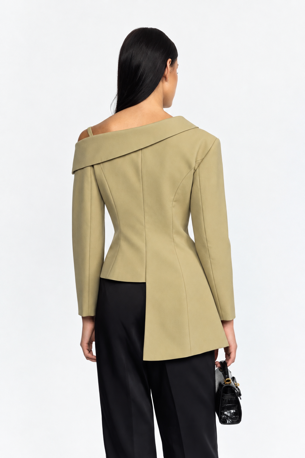 Asymmetric Cold-Shoulder Lace Trim Blazer - Khaki