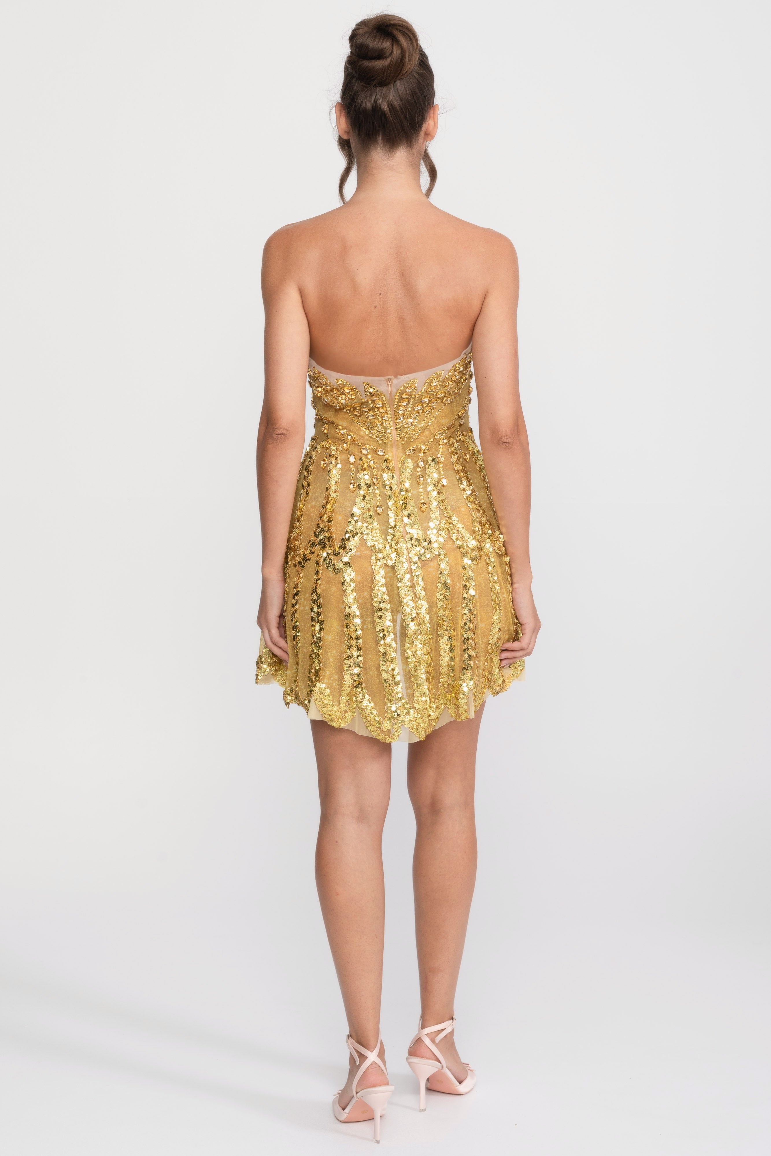 Jeweled Fit-and-Flare Mini Dress With Sweetheart Neckline - Gold