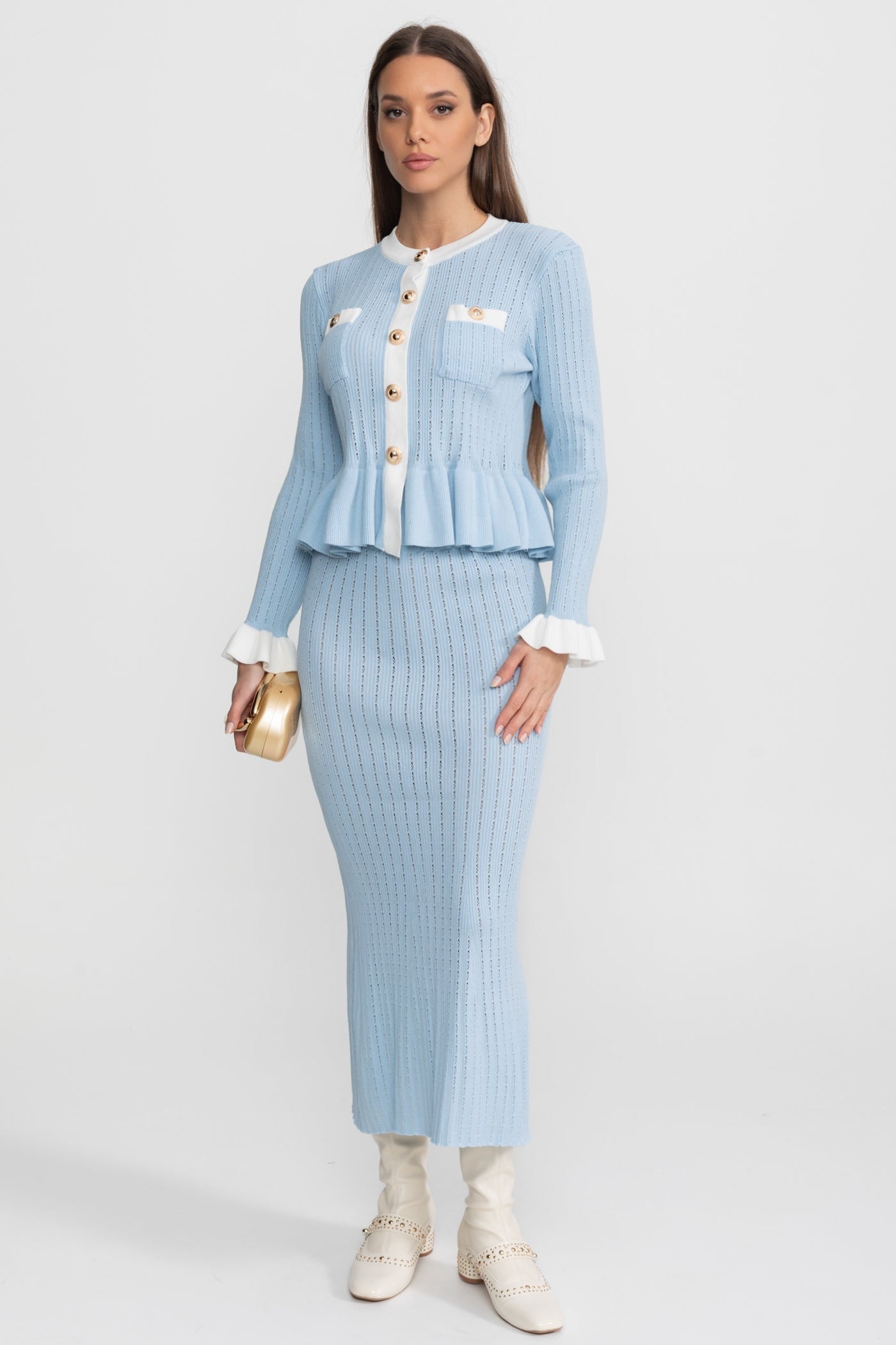 Pointelle Knit Midi Co-Ord with Contrast Trim – Baby Blue, S