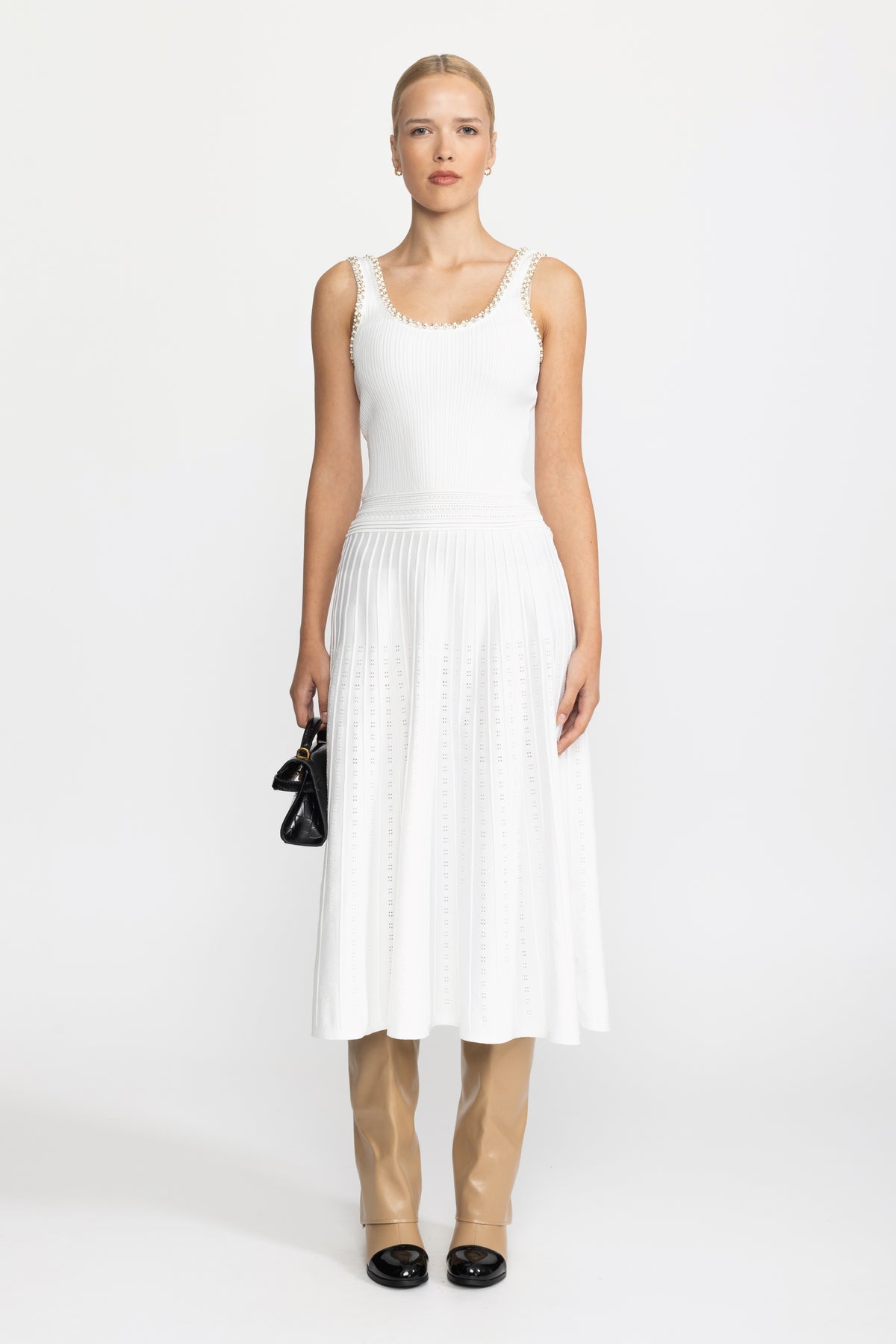 Pearl Trim Knit Tank Midi Dress and Bolero Set - White
