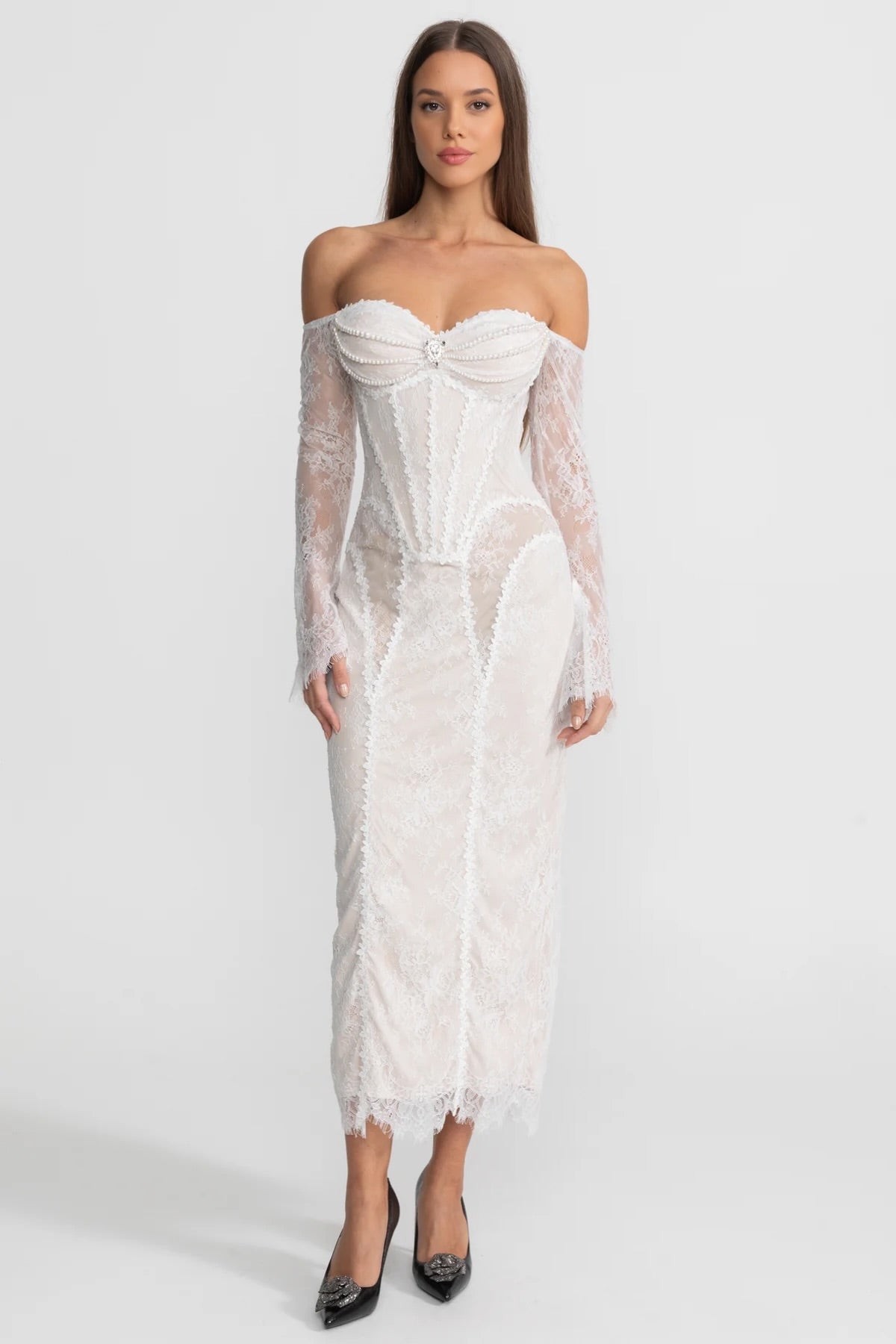 Off-Shoulder Lace Midi Dress with Pearl-Trimmed Bustier - Ivoire