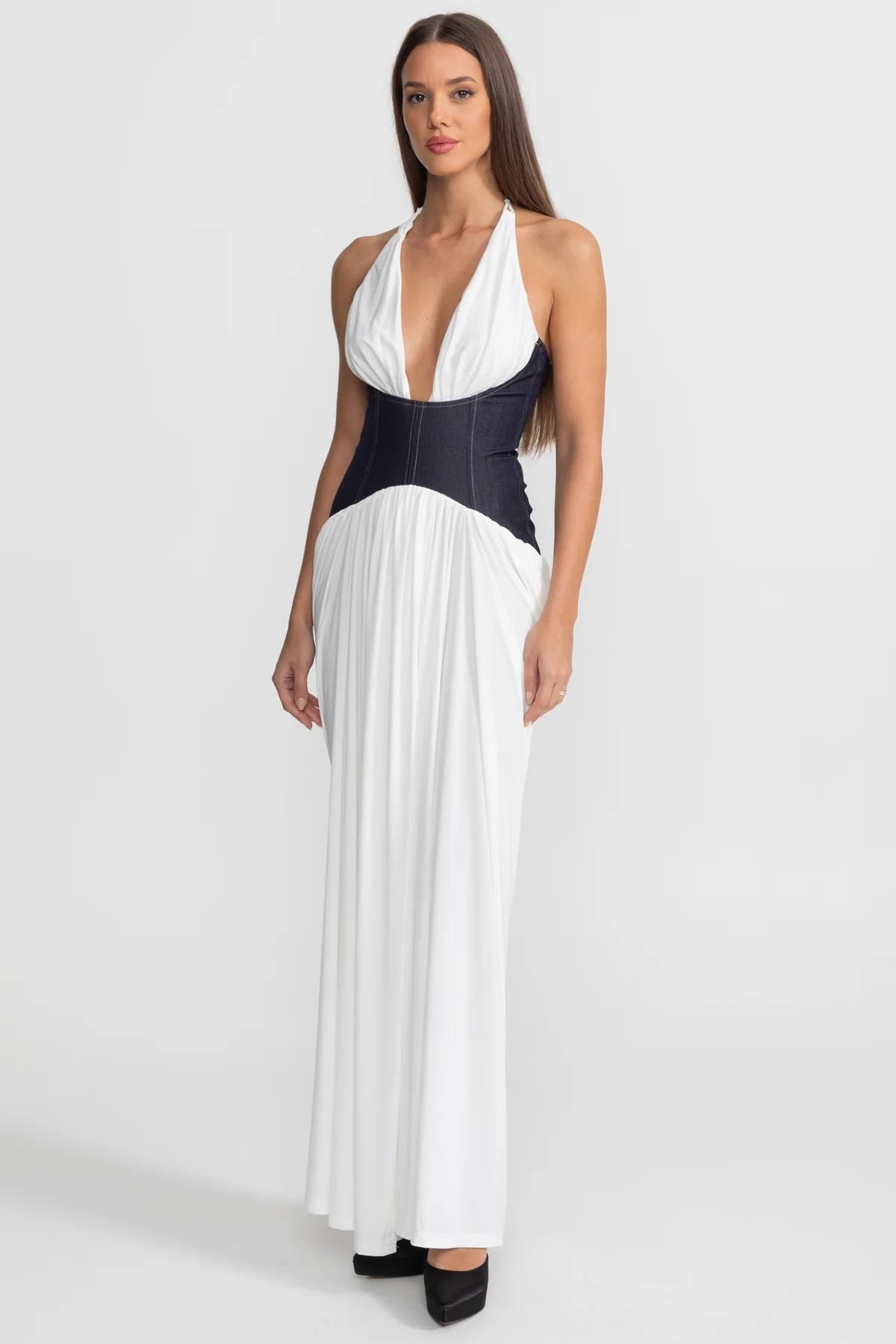 Halter Maxi Dress with Denim Corset Waist – White