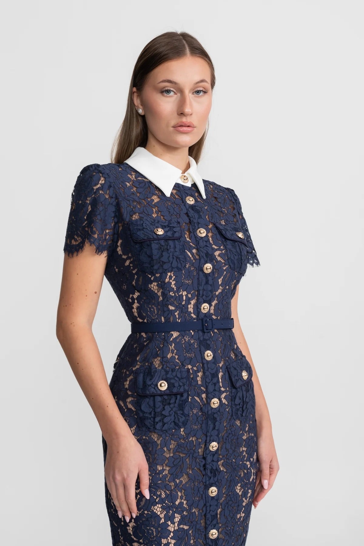 Floral Lace Midi Dress with Tailored Collar and Belted Waist - Navy