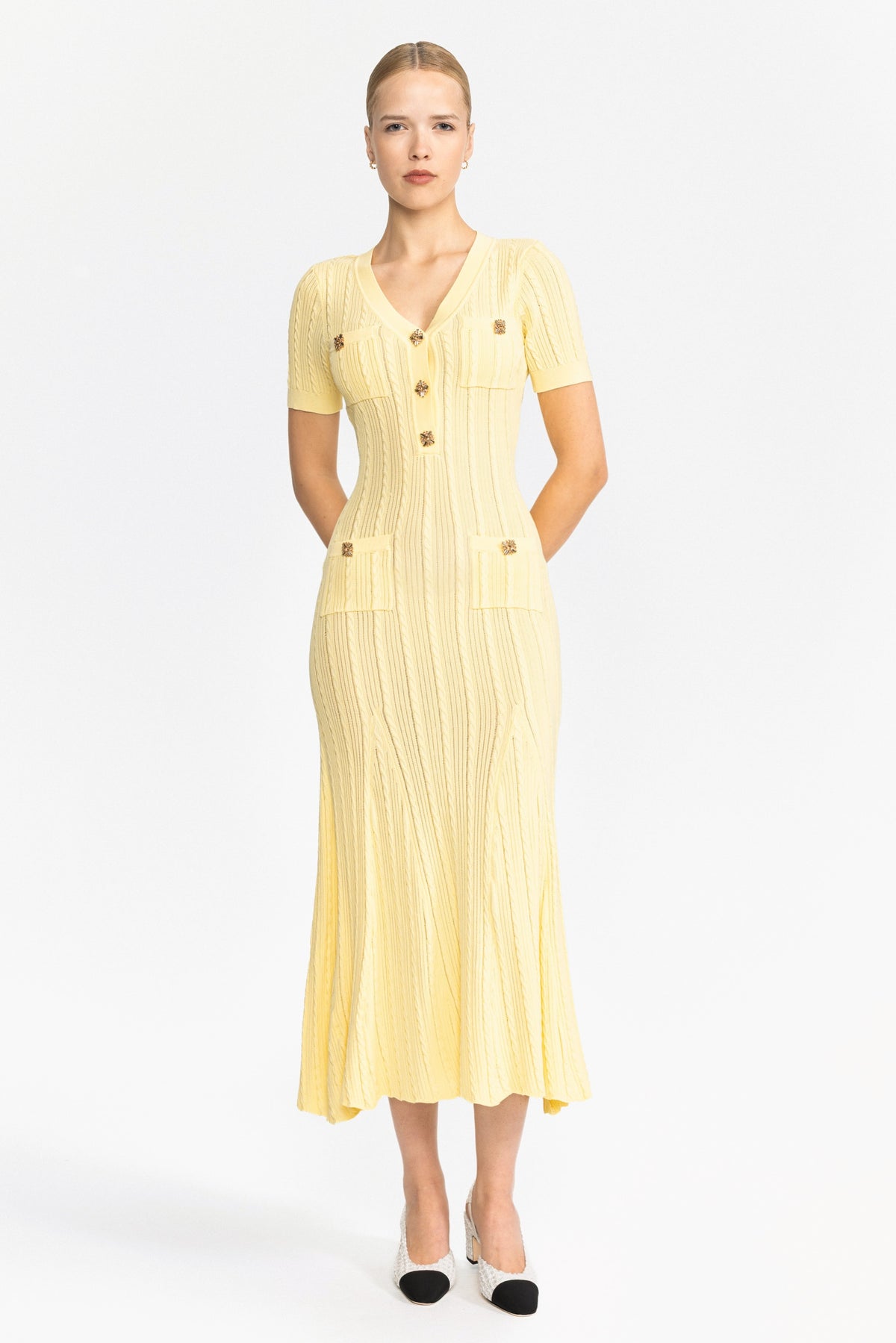 Cable Knit Jewel-Button Midi Dress - Yellow