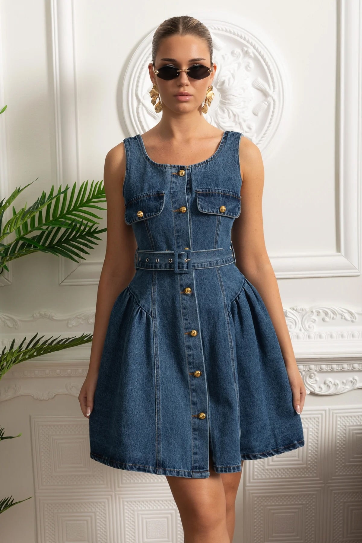 Belted Denim Button-Front Mini Dress