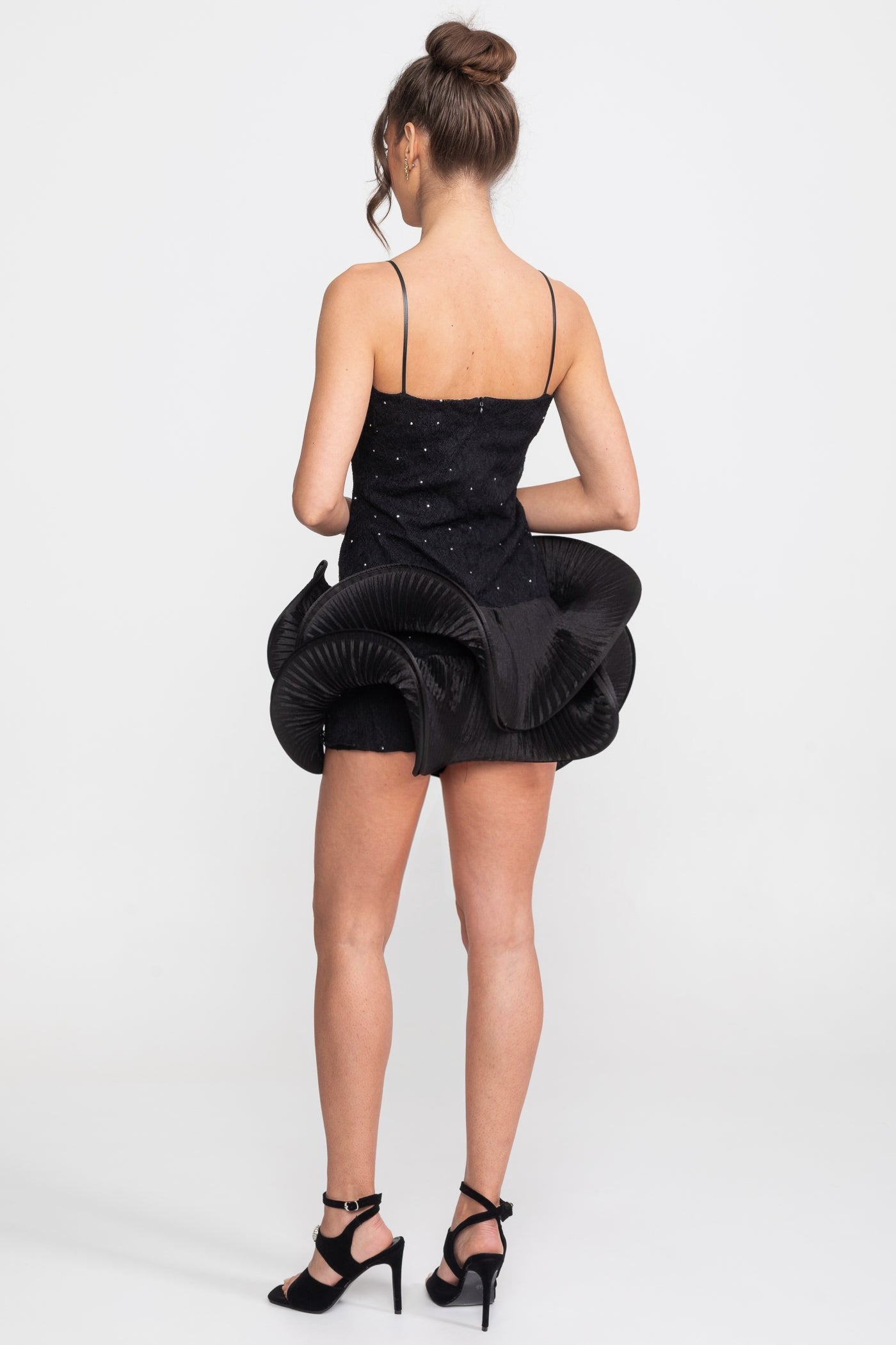 Babydoll Mini Dress With Sparkling Embellishments And Ruffled Peplum Skirt - Black