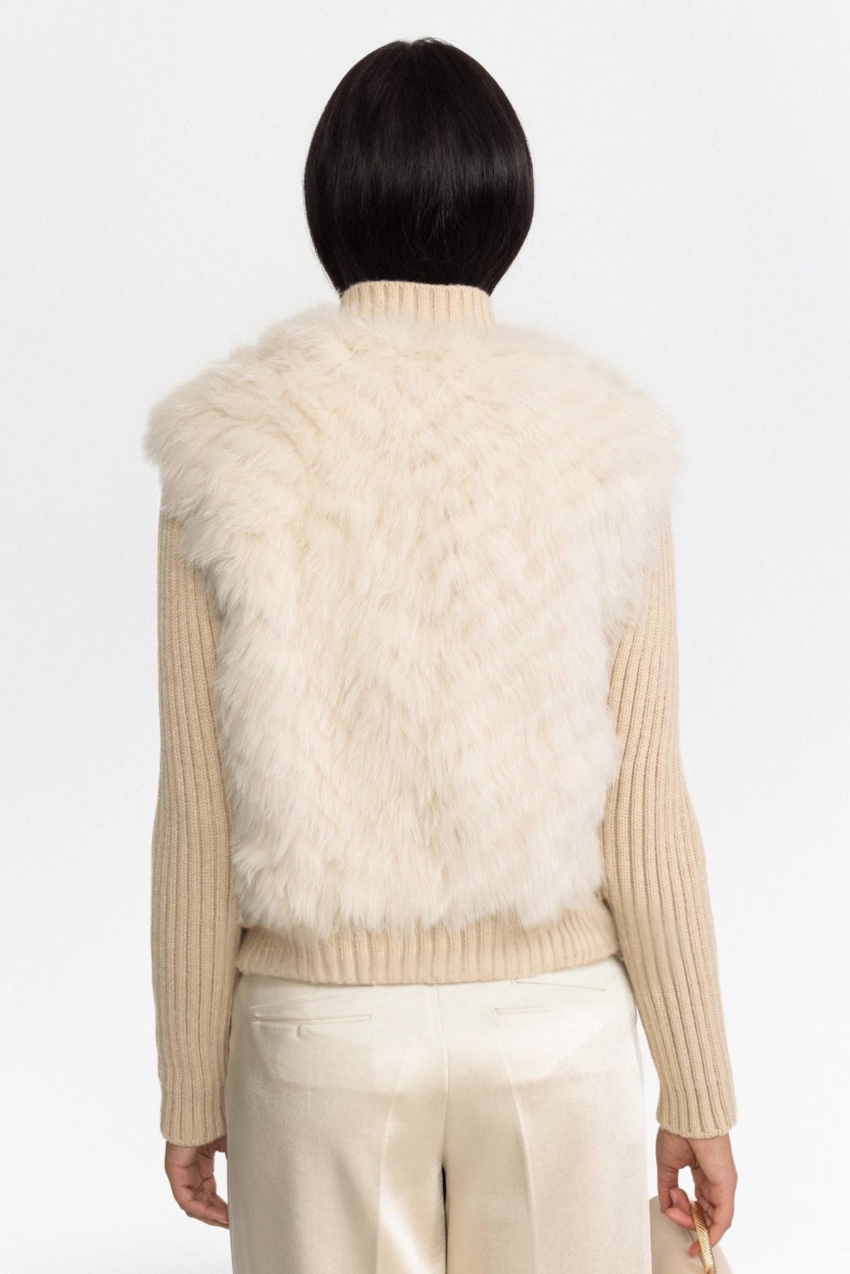 Knitted Fox Fur Jacket with Rib Knit Sleeves - Beige