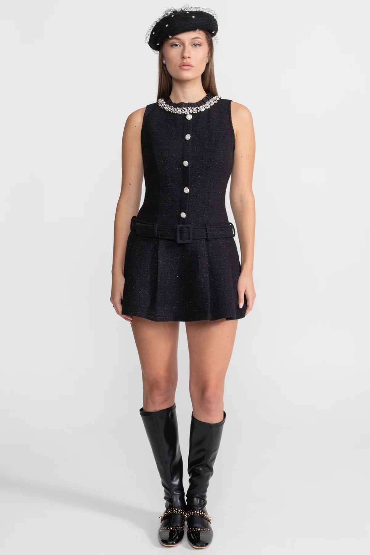 Crystal-Embellished Tweed Mini Dress With Belt – Black