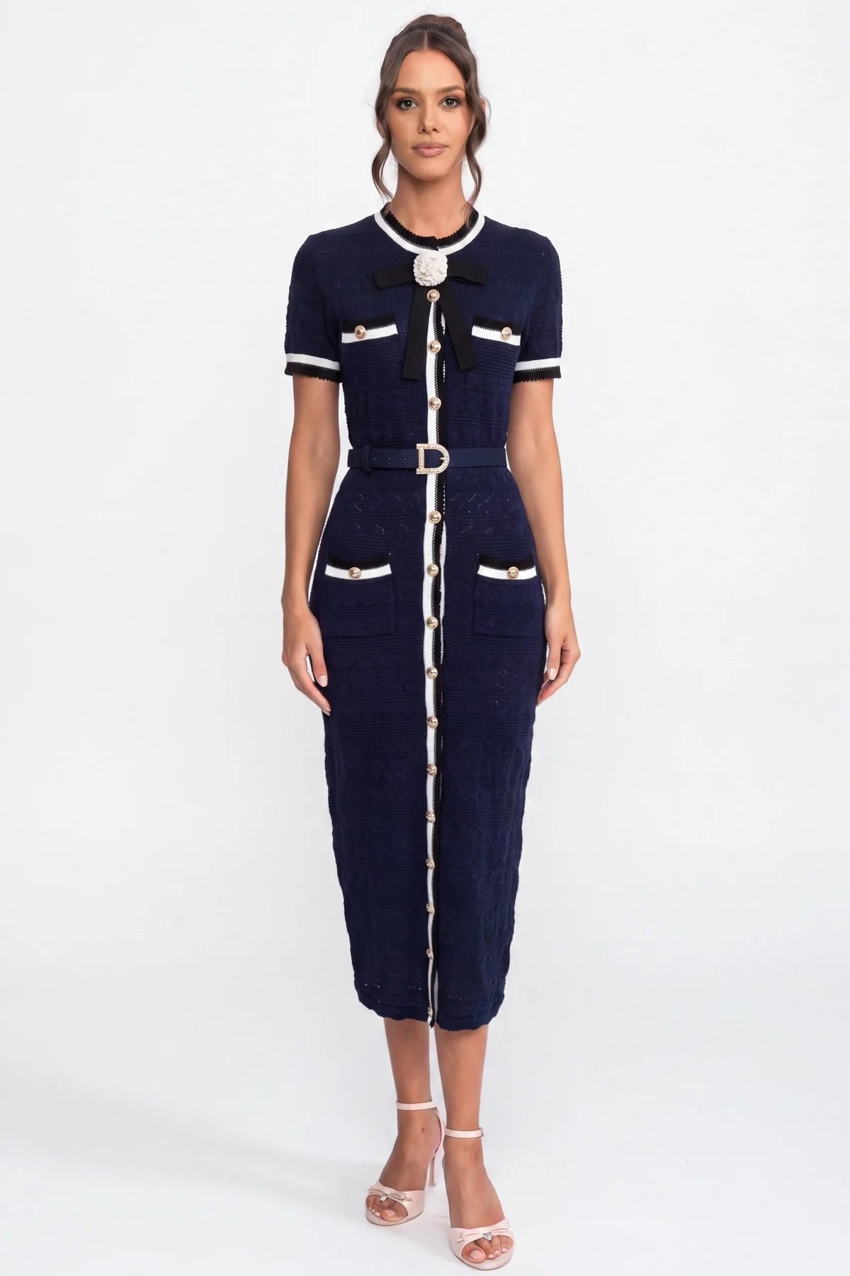 Knit Midi Dress With White Piping And Gold Buckle Belt - Navy