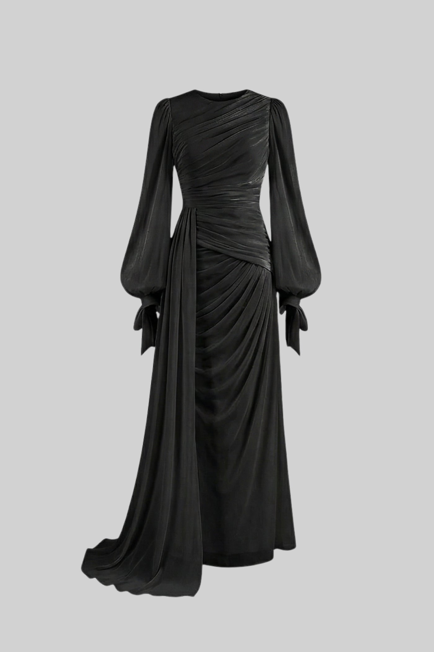 Draped Long-Sleeve Maxi Dress with Gathered Waist – Black