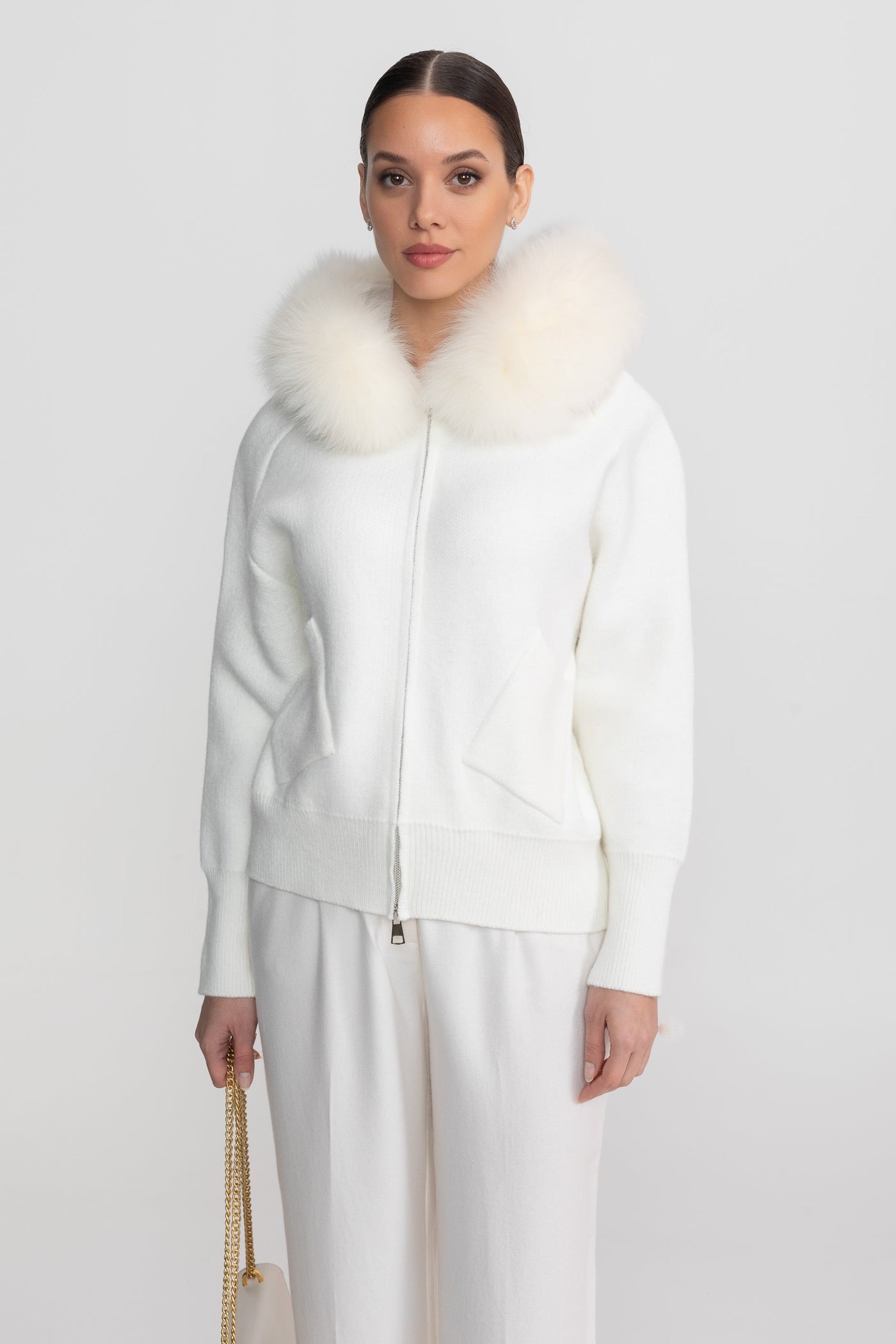 Zip-Up Wool Hoodie With Fox Fur Collar – Ivoire