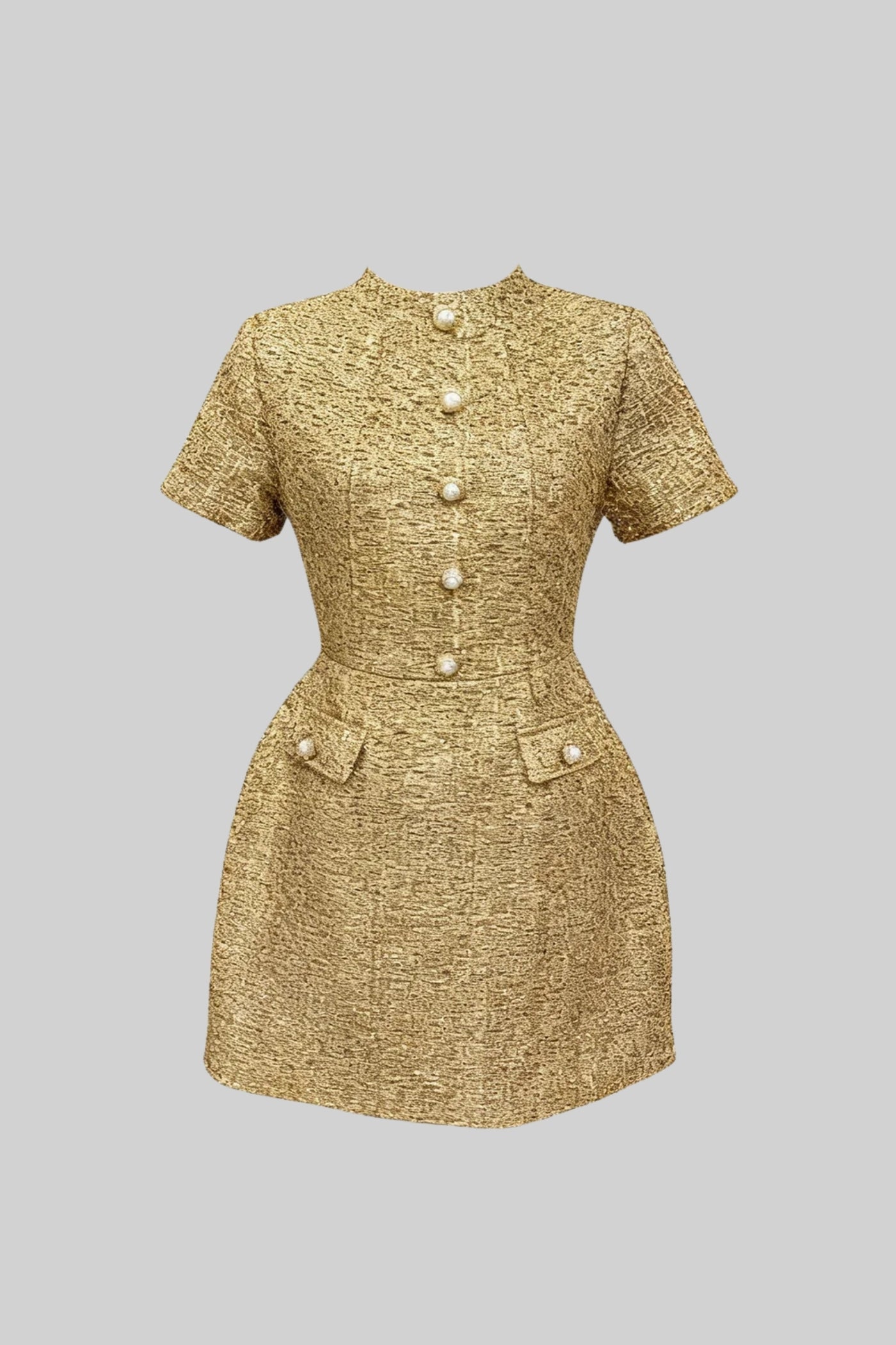 Tweed Mini Dress With Round Neckline And Pearl Button Detail - Gold