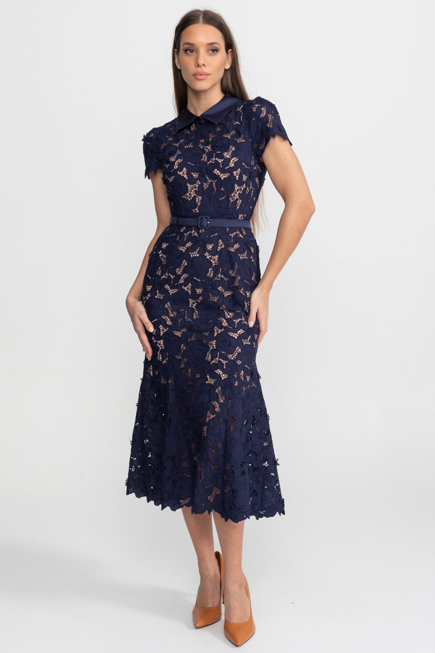 navy lace midi dresses with sleeves Lilora Elegant Blue Lace Midi Dress For Women With Stand Collar And Puff  Sleeves