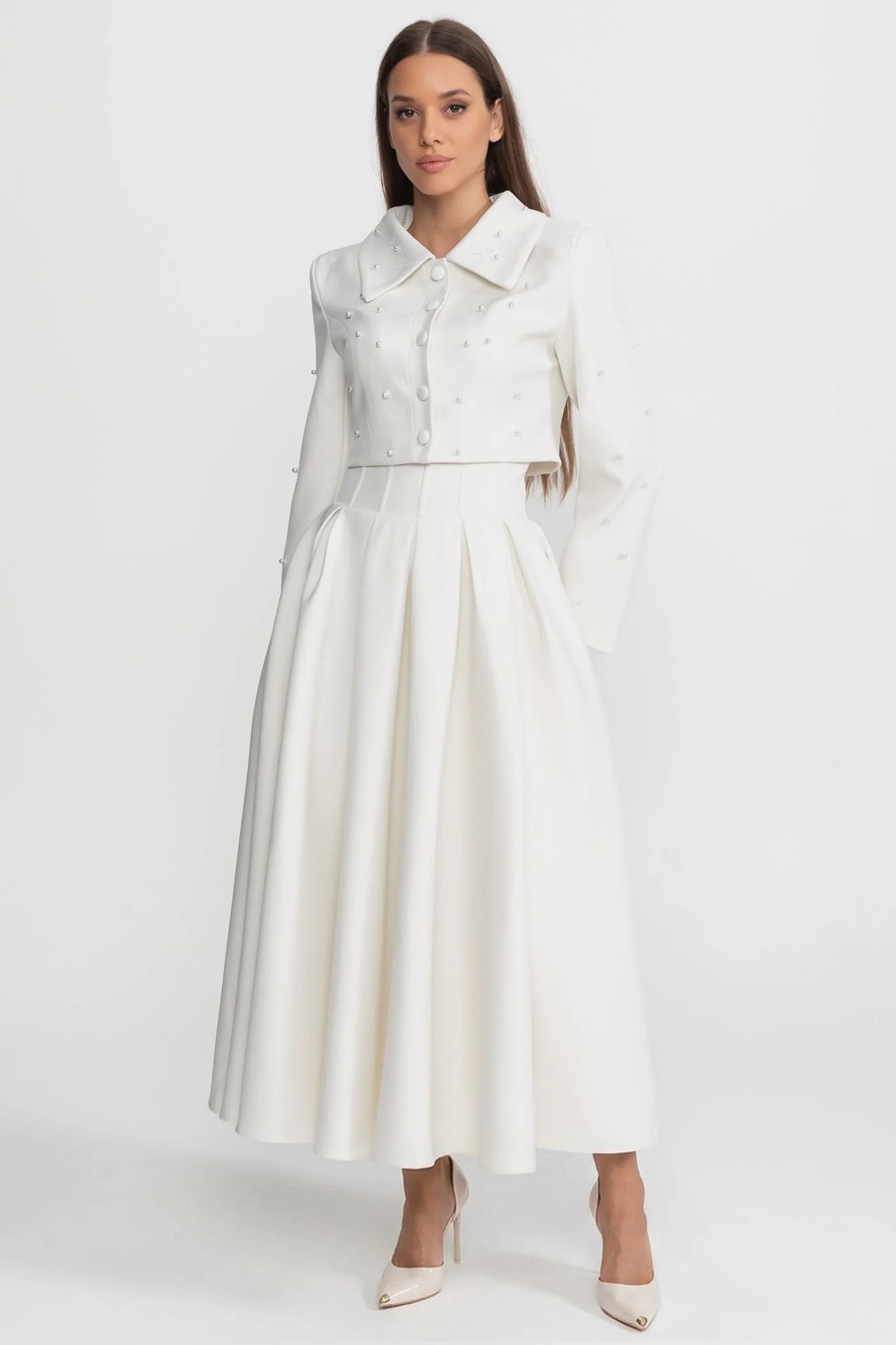 Pearl-Embellished Co-Ord Set with Cropped Jacket and Full Skirt – White