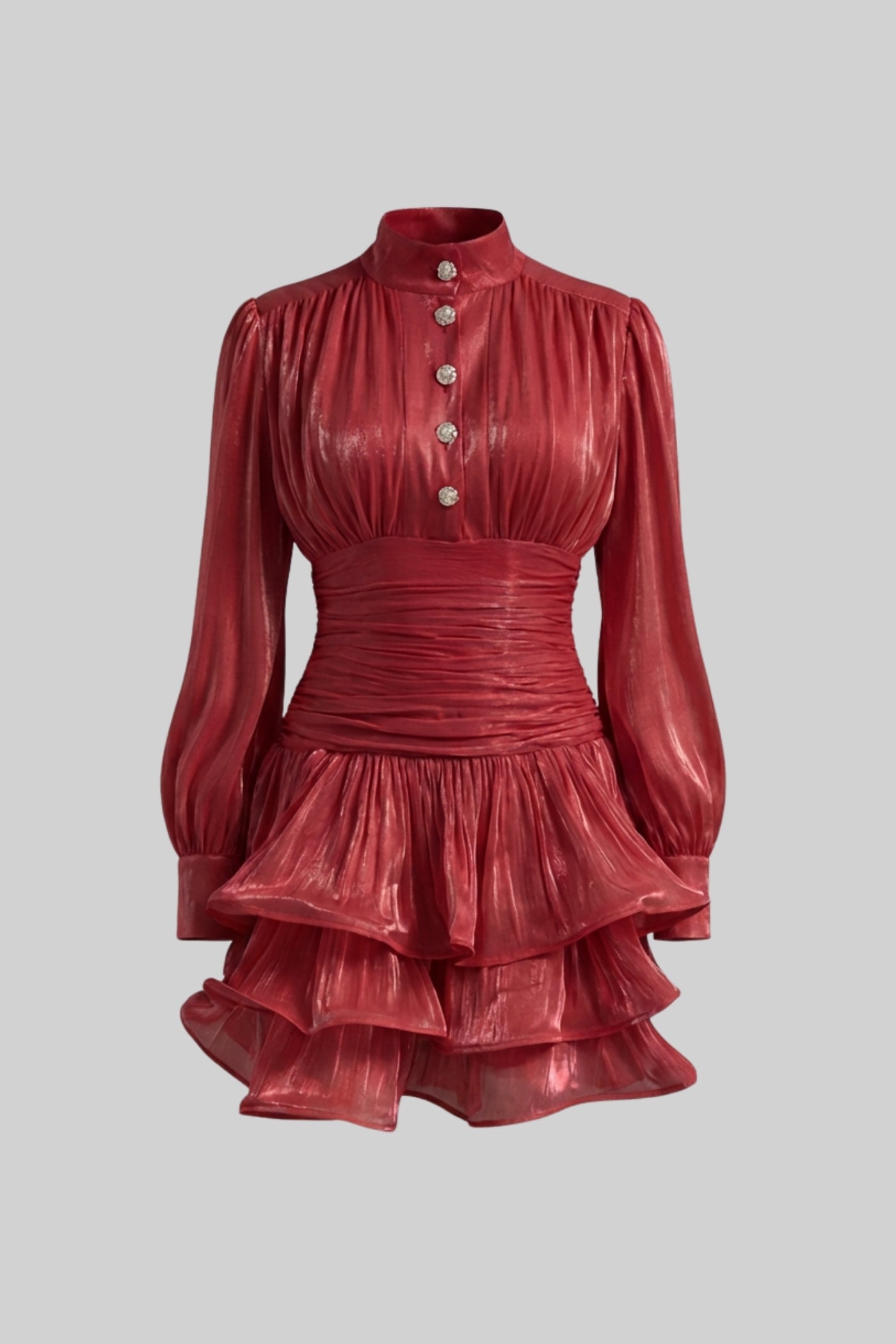 Draped Long Sleeve Mini Dress With Tiered Ruffle Skirt - Red