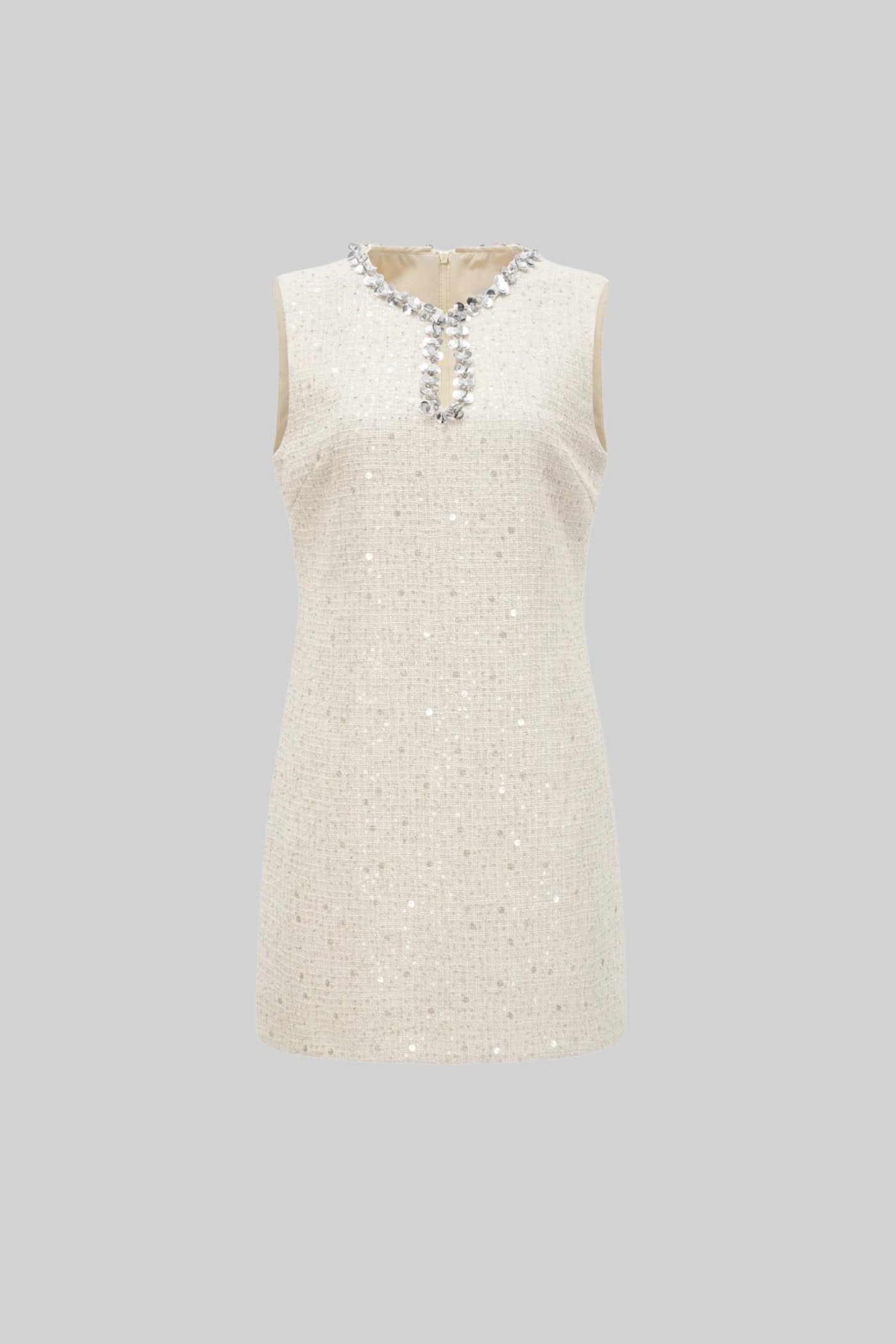 Textured Sleeveless Mini Dress With Sparkling Collar Details - Ivoire