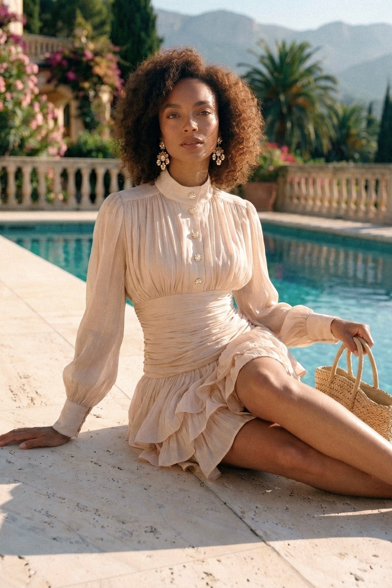 Draped Long Sleeve Mini Dress With Tiered Ruffle Skirt - Champagne