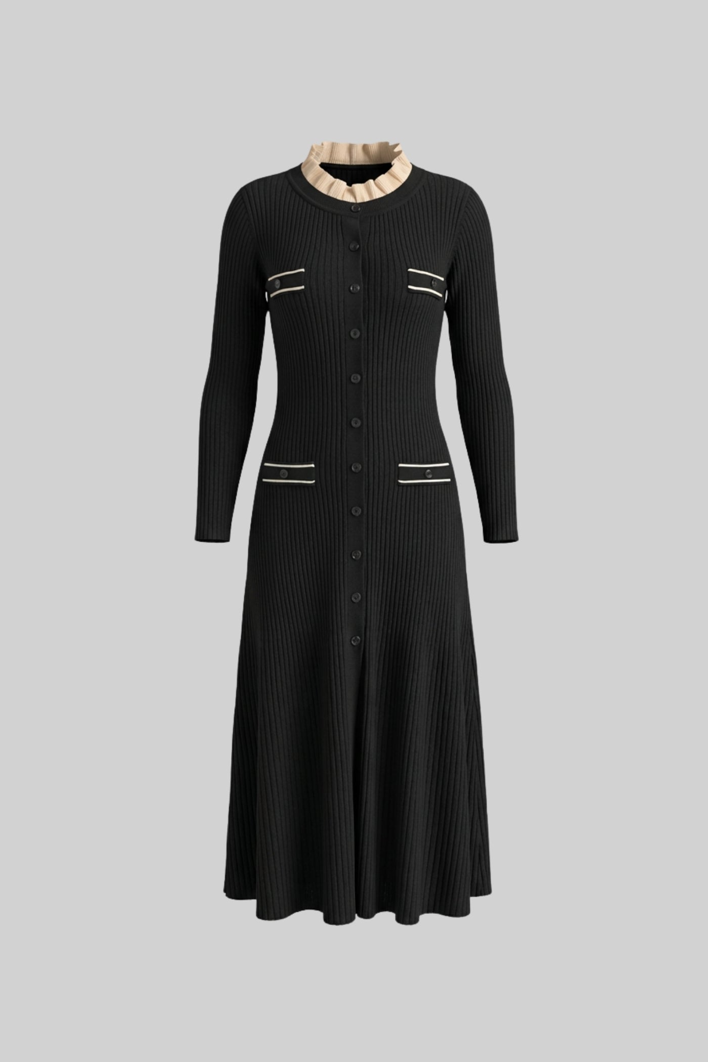 Long Sleeve Midi Dress With Button-Through Front And Contrast Pocket Trim - Black