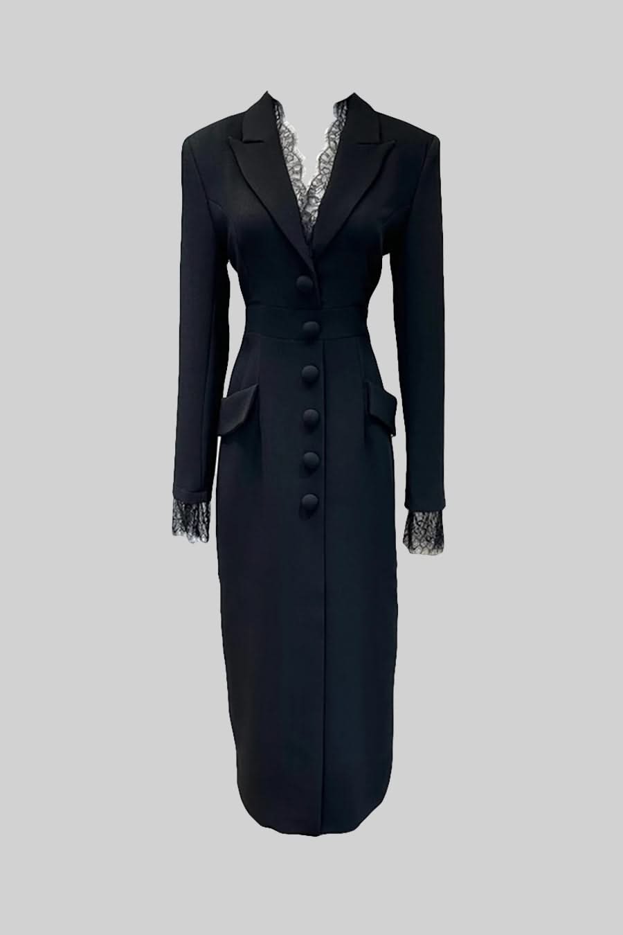 Elegant Buttoned Dress With Lace Details - Black