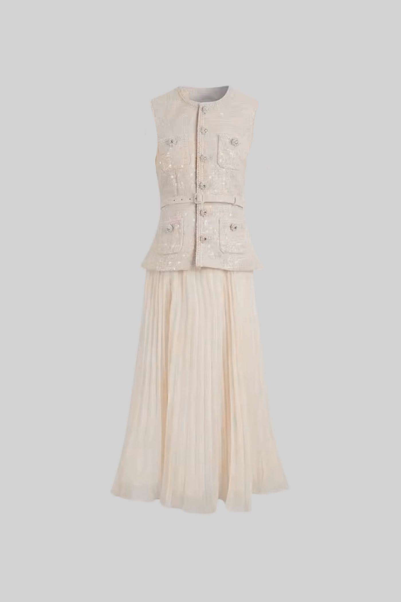 Textured Co-Ord With Front Pockets And Sheer Pleated Skirt - Ivoire