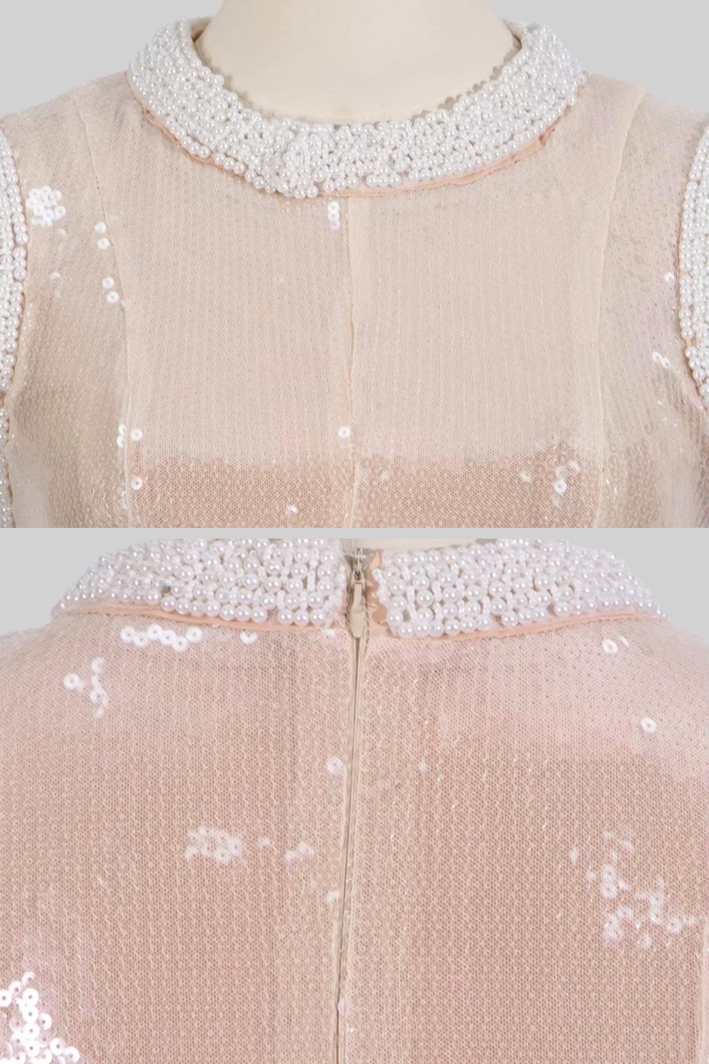 Elegant Sequin Dress With White Pearl Embellishments - Beige