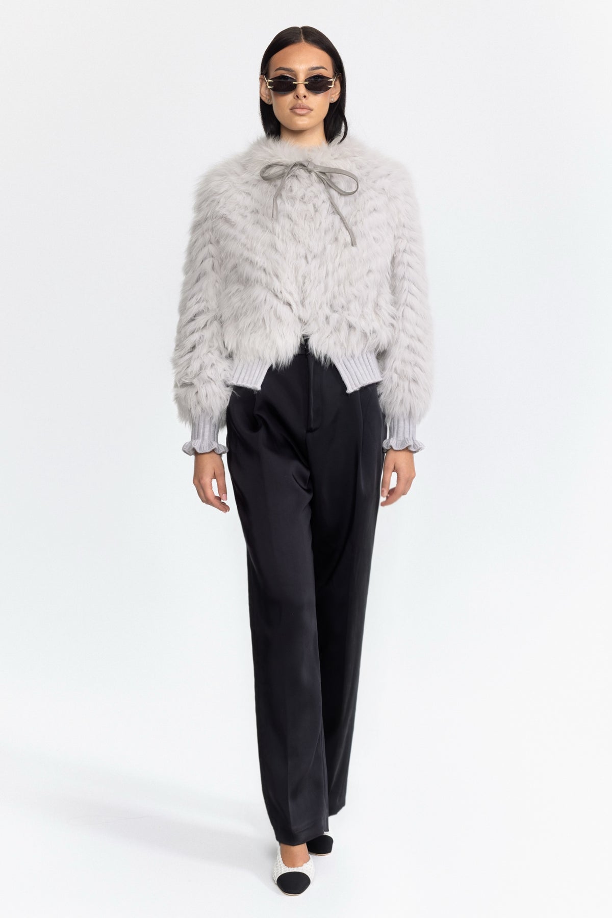 Knitted Fox Fur Bomber Jacket with Tie Neck - Grey