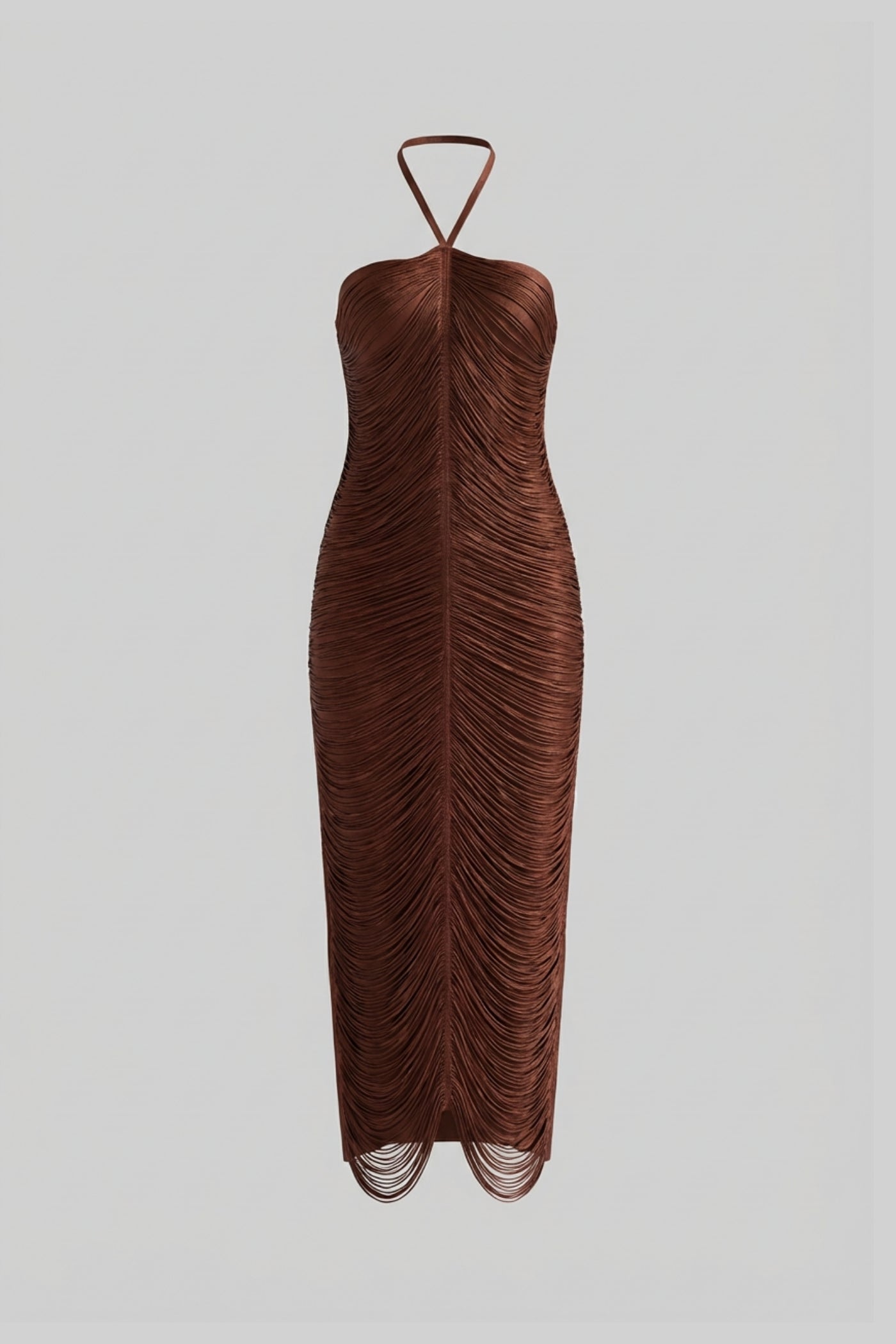 Halter Neck Midi Dress With All-Over Pleated Texture - Brown