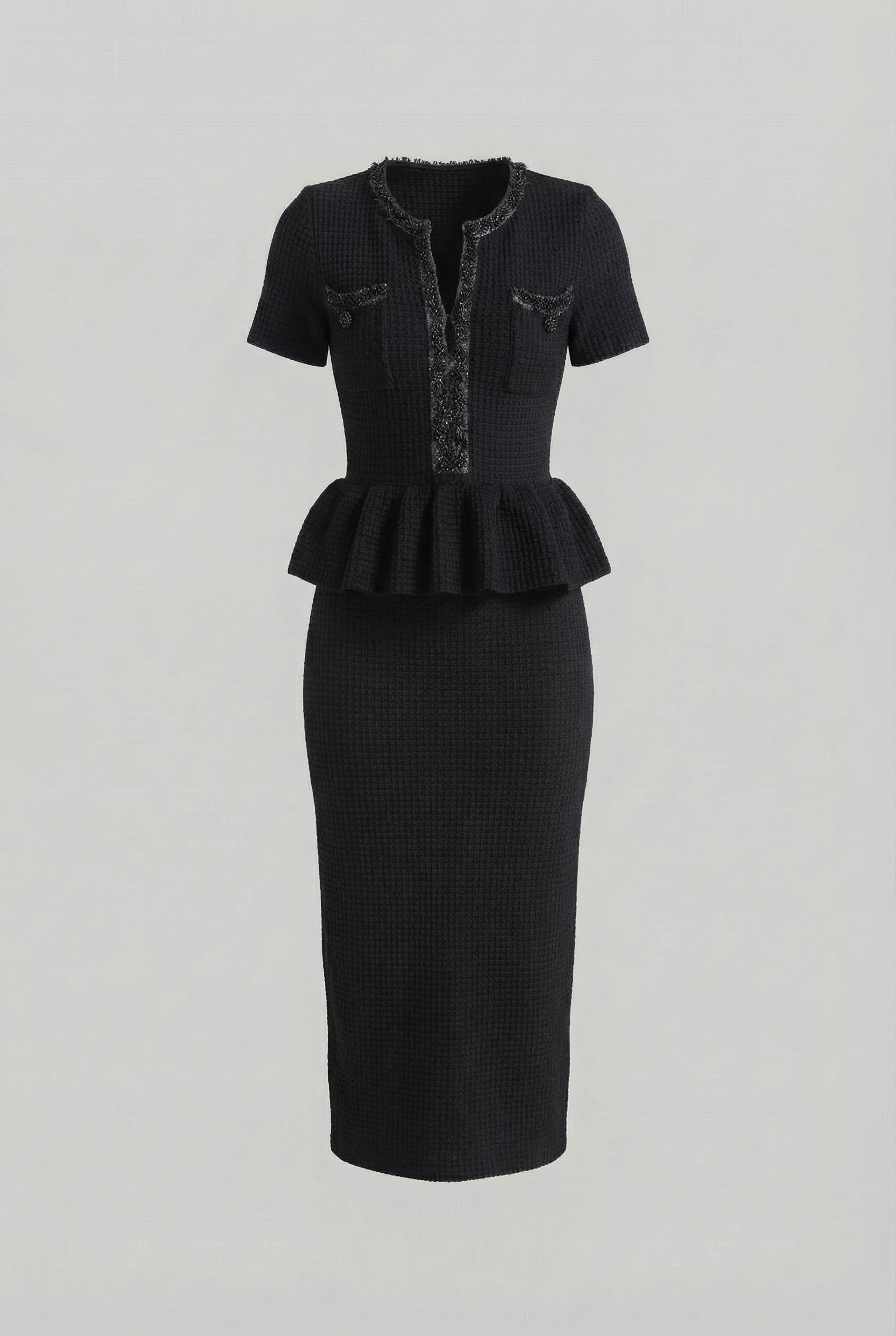 Textured Knit Midi Dress with Peplum Waist Detail – Black