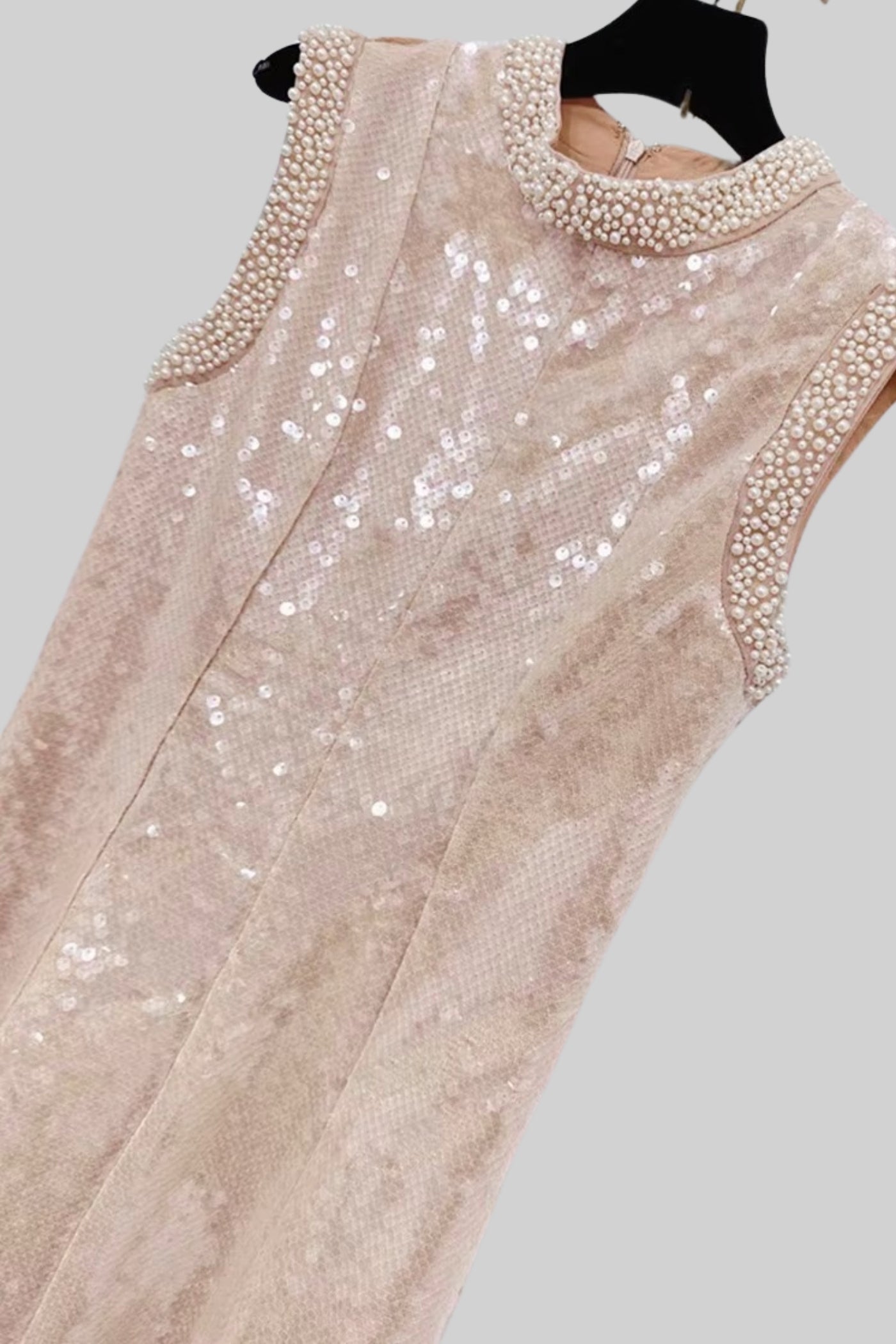 Elegant Sequin Dress With White Pearl Embellishments - Beige