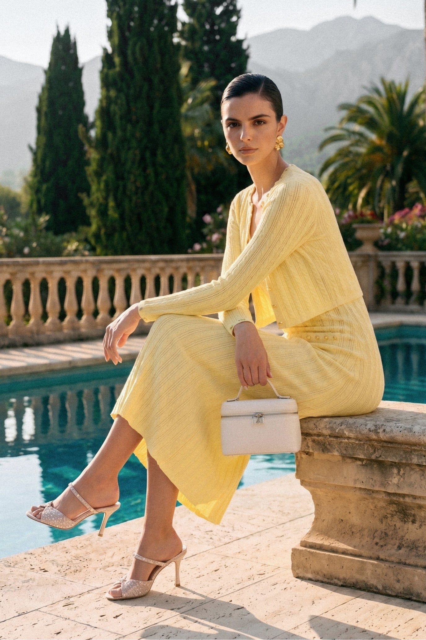 Ribbed Knit Dress and Cardigan Set With Pearl Button Detailing - Yellow