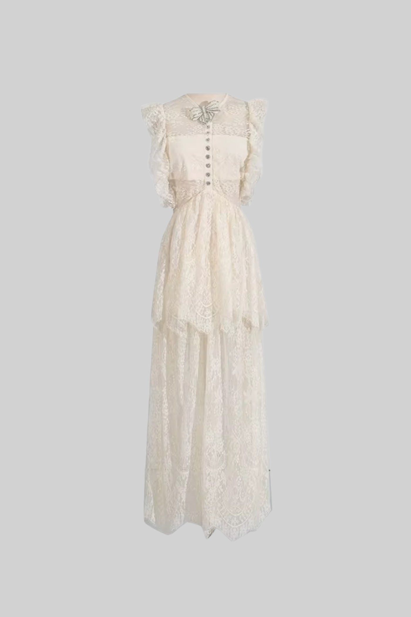 Elegant Vintage-Inspired Lace Dress With Ruffled Details And Layered Skirt - Ivoire