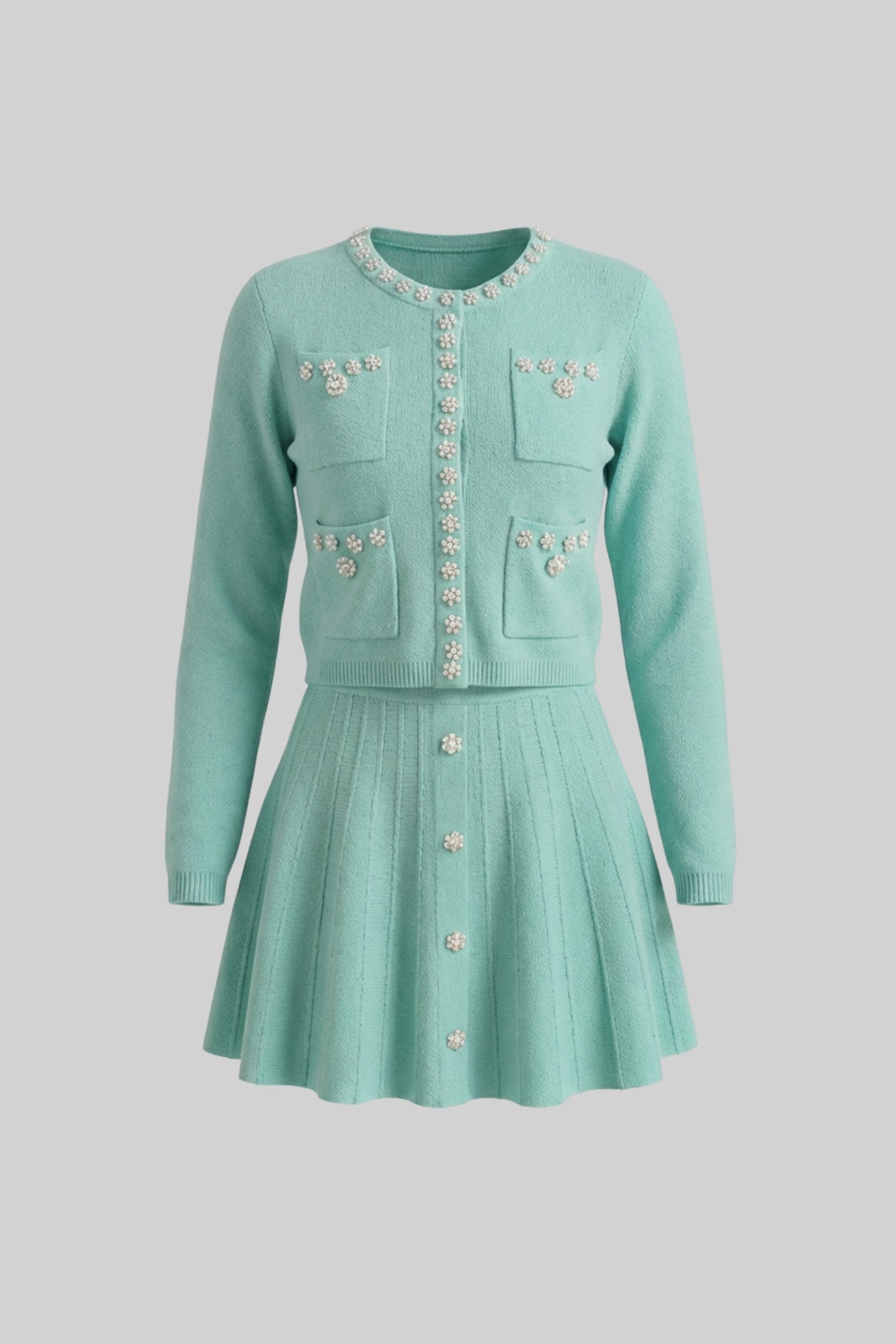 Knit Co-Ord Set With Long Sleeve Cardigan And Matching Mini Skirt - Teal