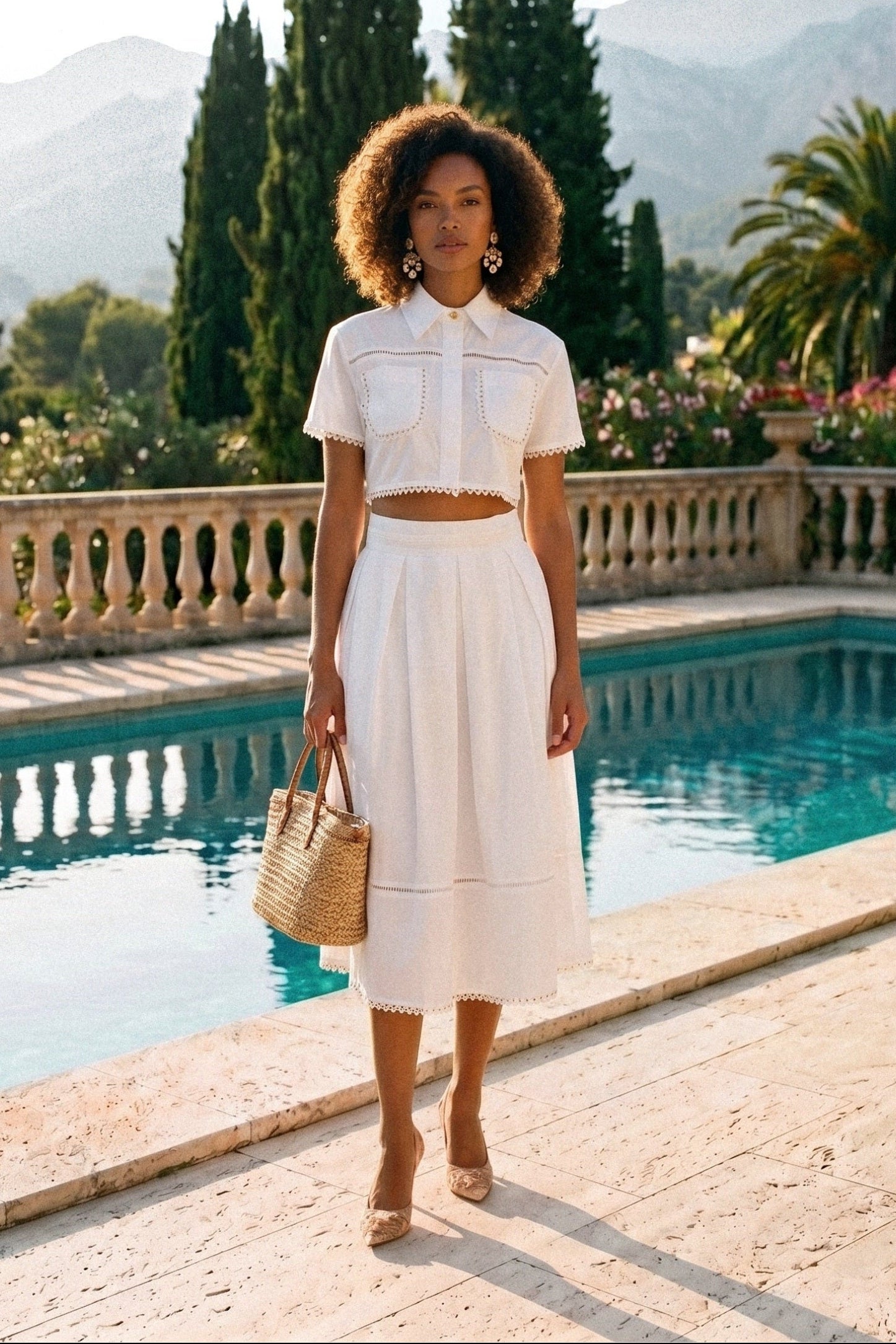 Broderie-Trim Cropped Shirt And Midi Skirt Co-Ord Set - White
