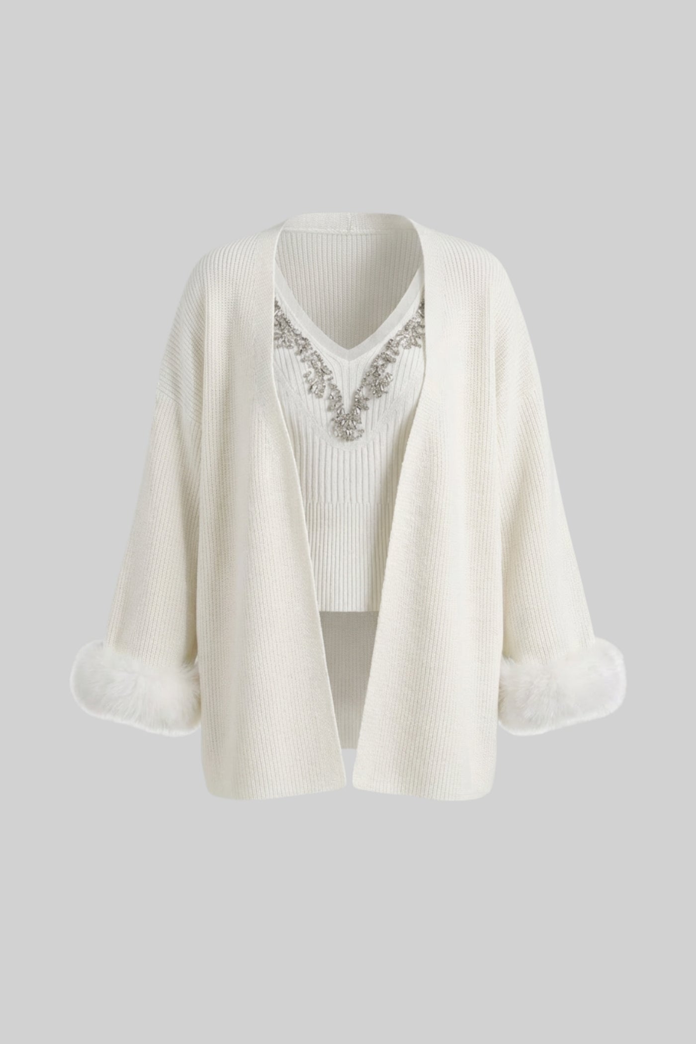 Knit Two Piece Set With Crystal Embellishments And Trim Cuffs - White
