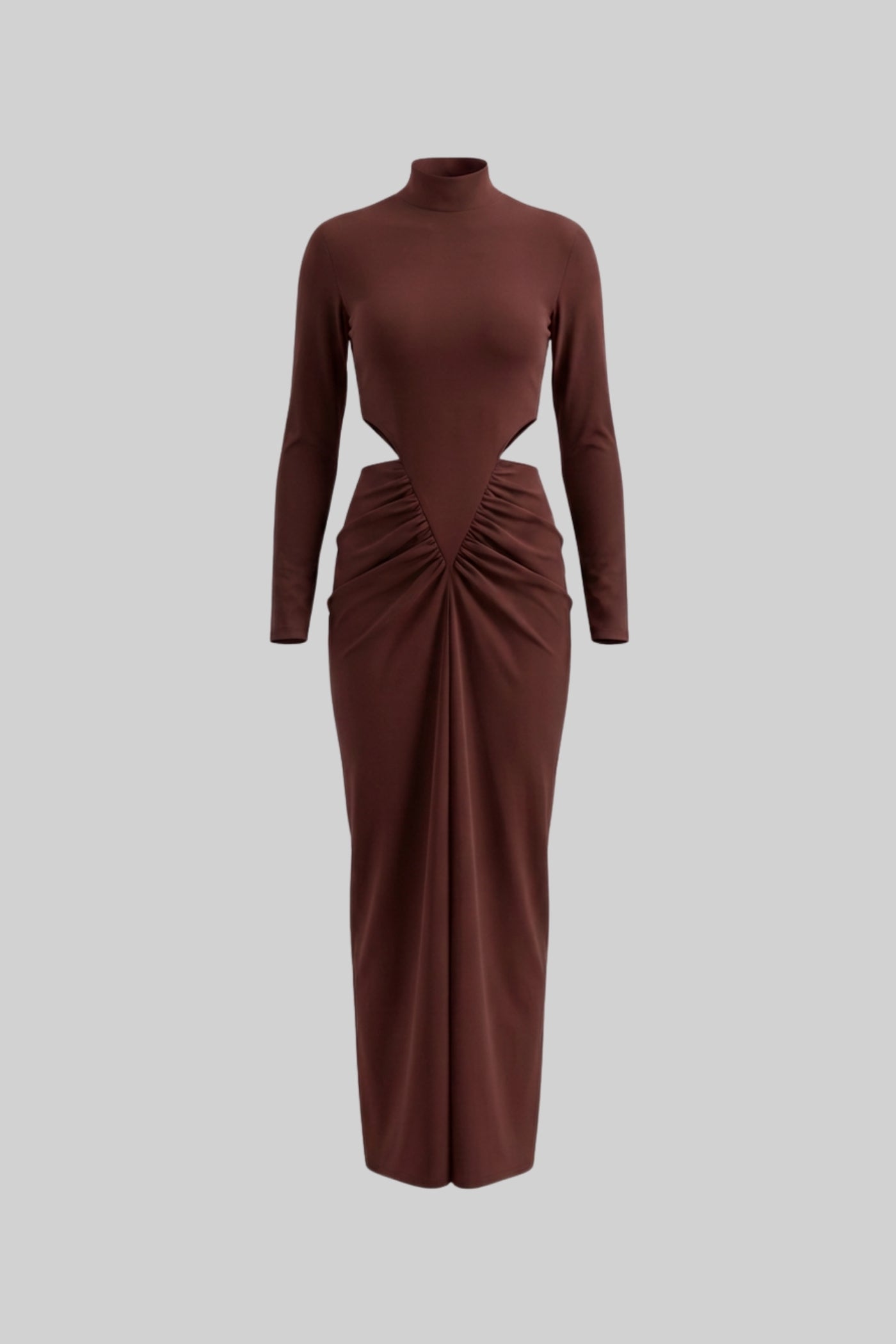 High Neck Maxi Dress With Long Sleeves And Waist Cut-Out Detail - Brown