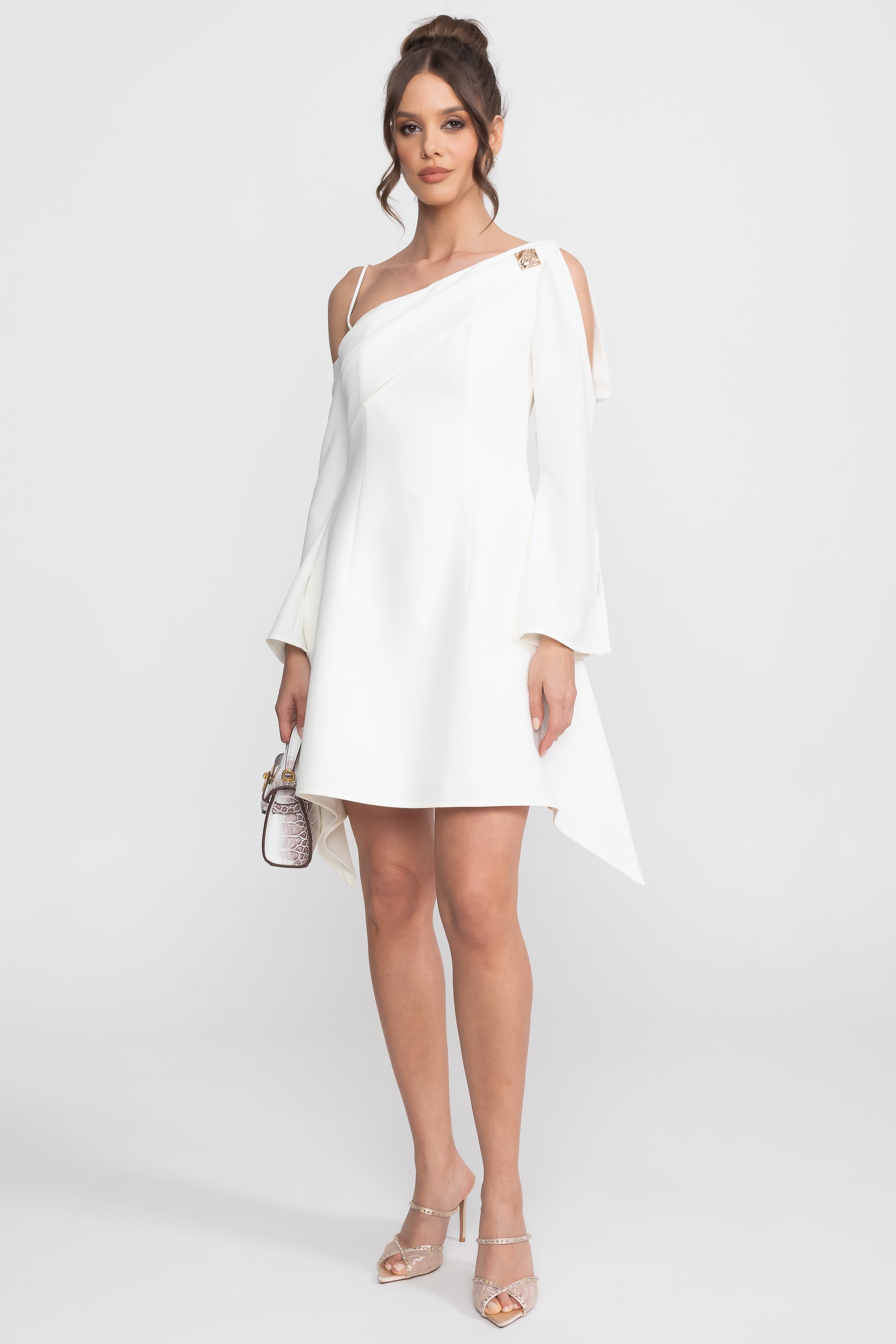 Asymmetric Cold-Shoulder Mini Dress With Long Sleeves And Gold Brooch - White