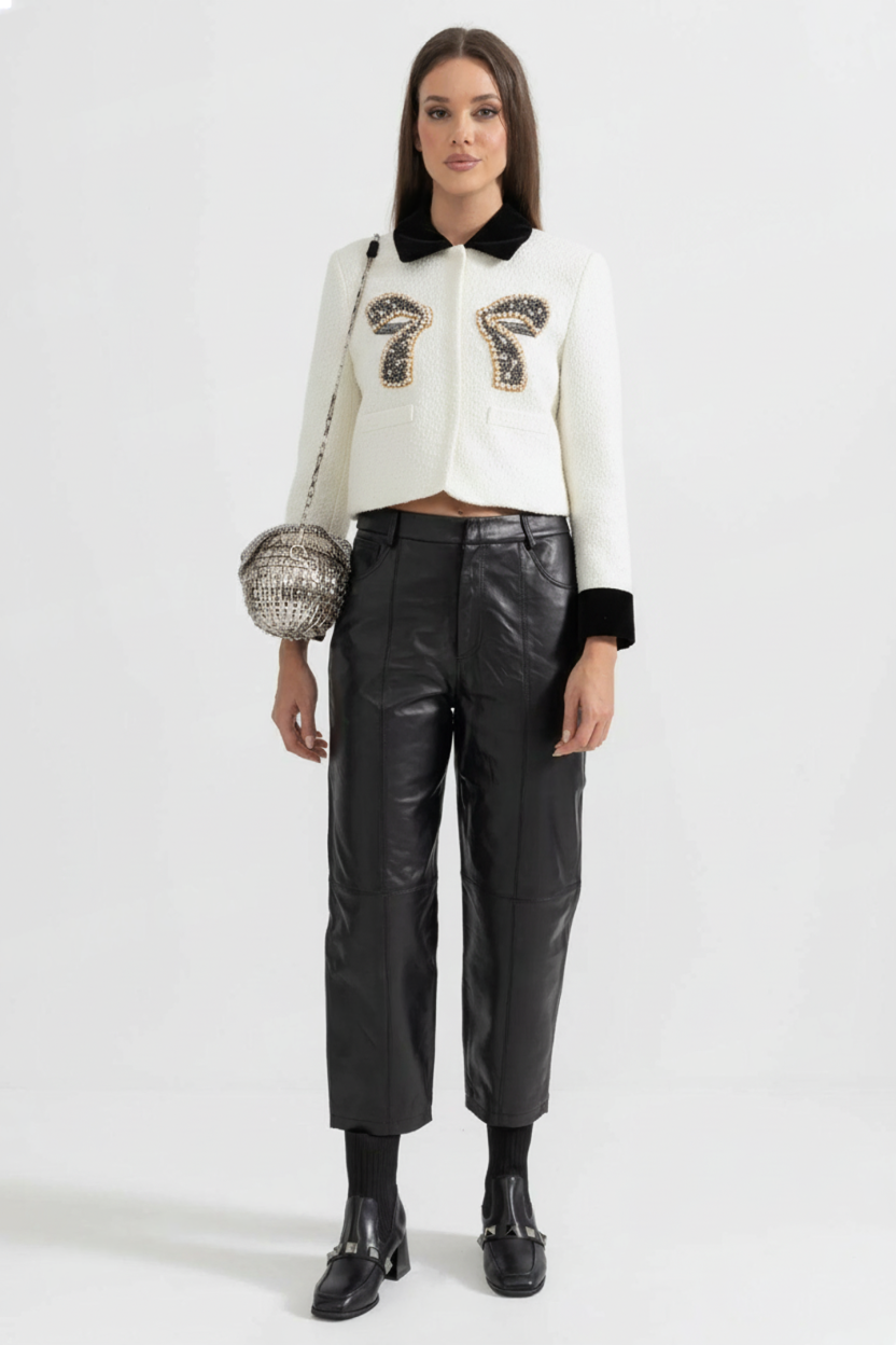 Tweed Blazer With Contrasting Elements And Metallic Bow Accent - White