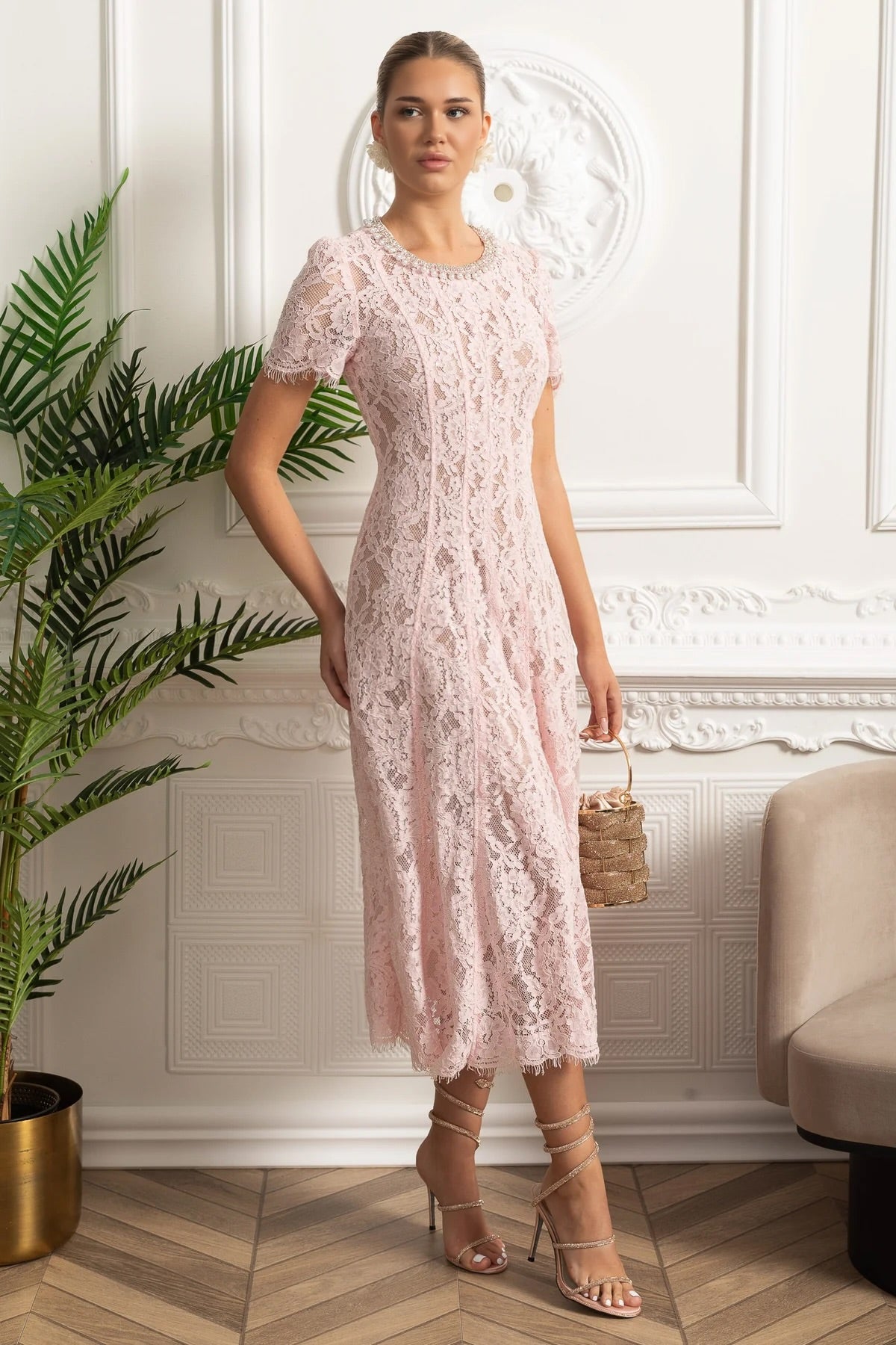 Lace Midi Dress with Crystal Embellished Collar - Pink, XS Lace Midi Dress with Crystal Embellished Collar - Pink, XS