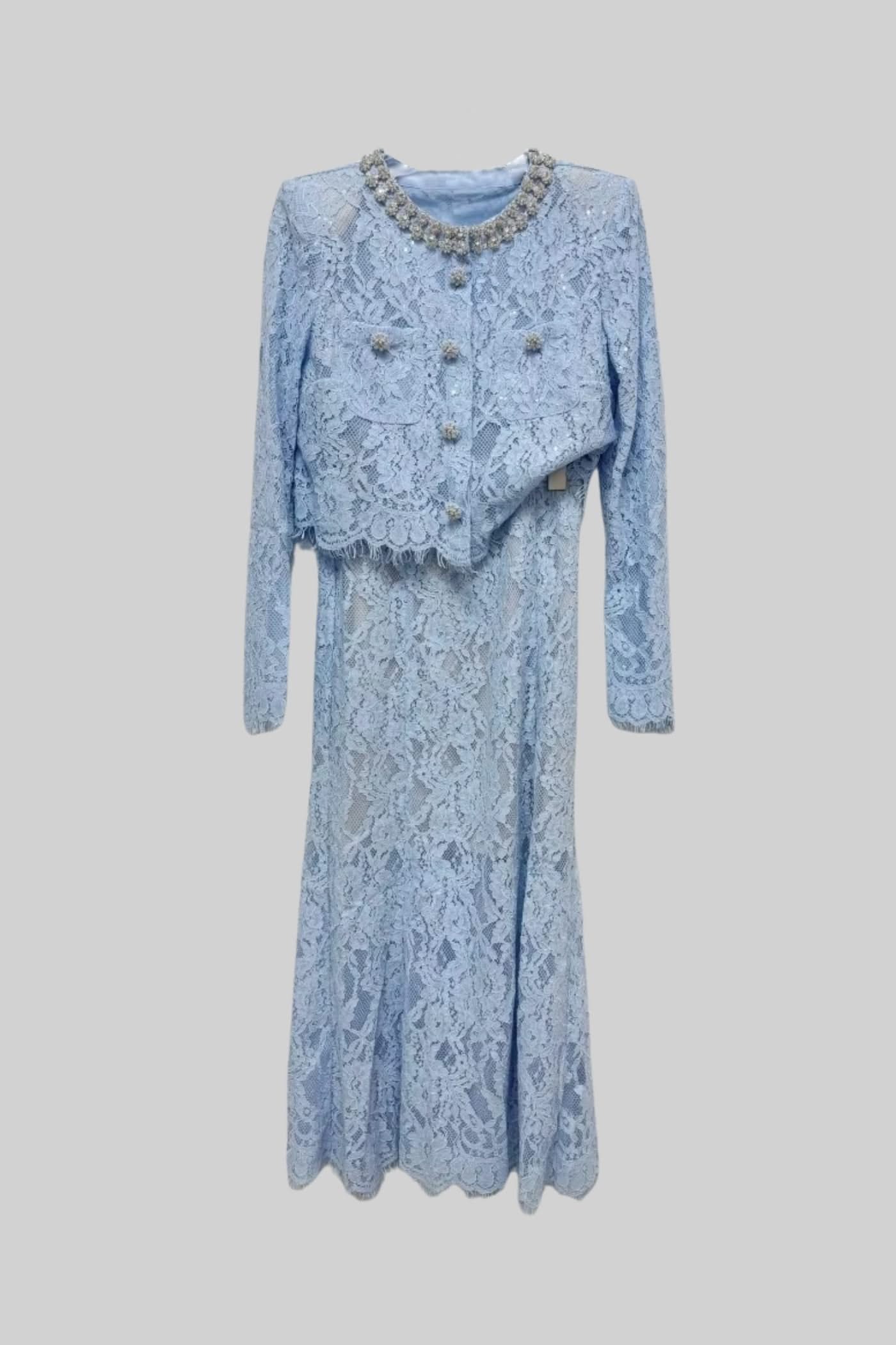 Lace Co-Ord With Sparkling Neckline Embellishments And Midi Skirt - Blue