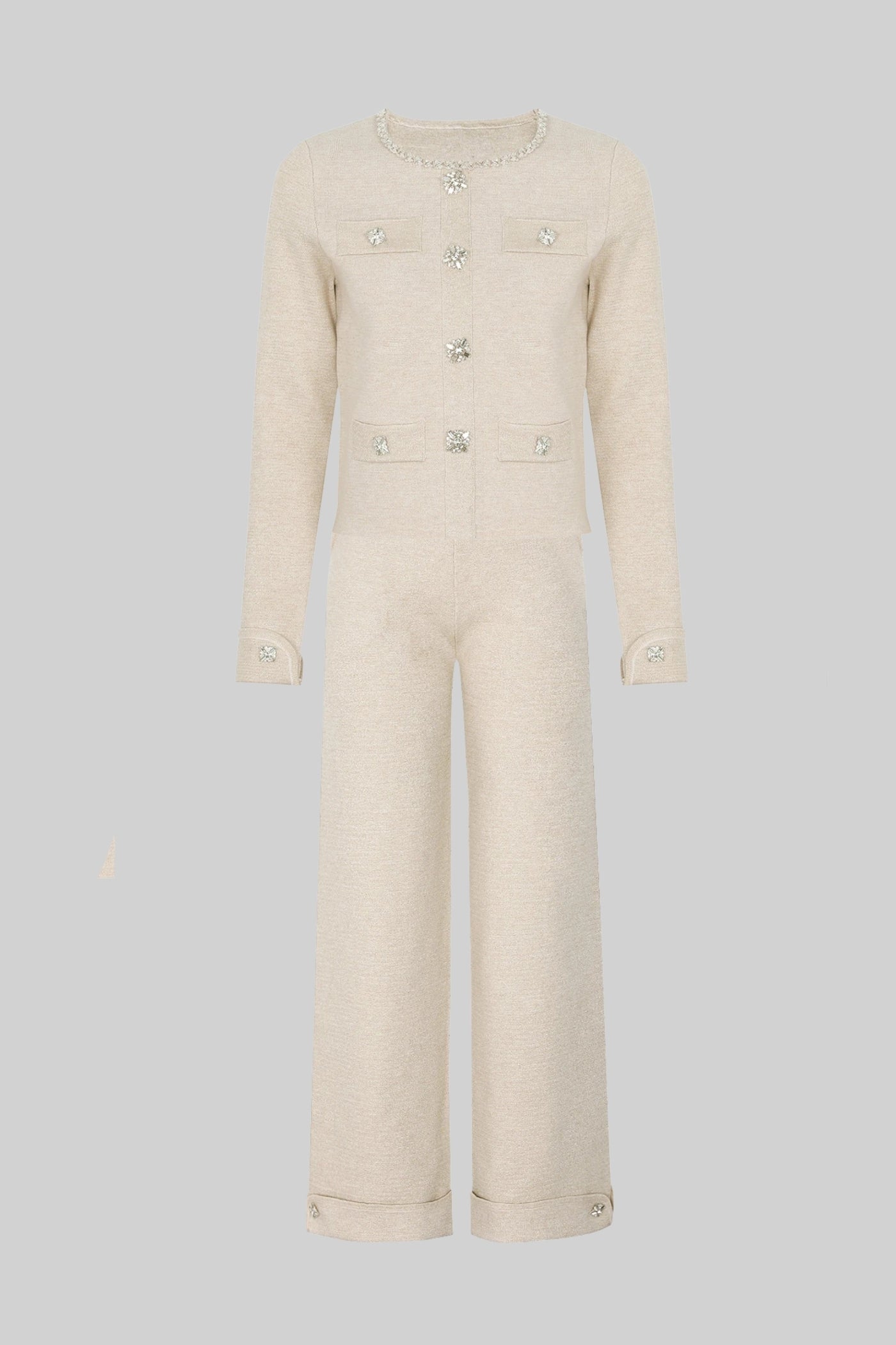 Long Sleeve Knit Co-Ord Set With Sparkling Embellishments - Beige
