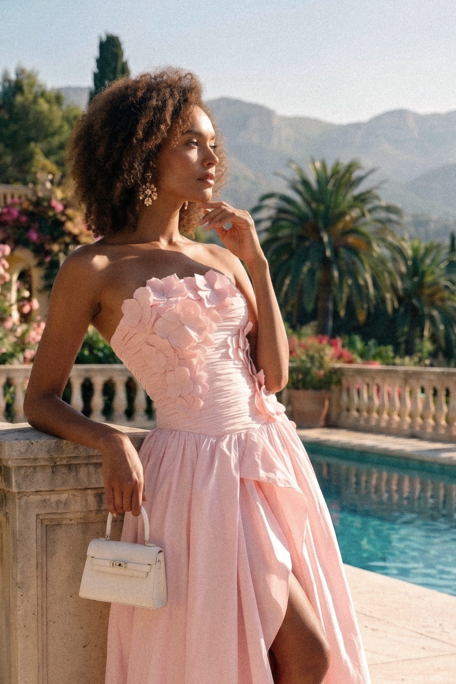 Strapless Ballgown With 3D Floral Bodice And Full Skirt - Pink