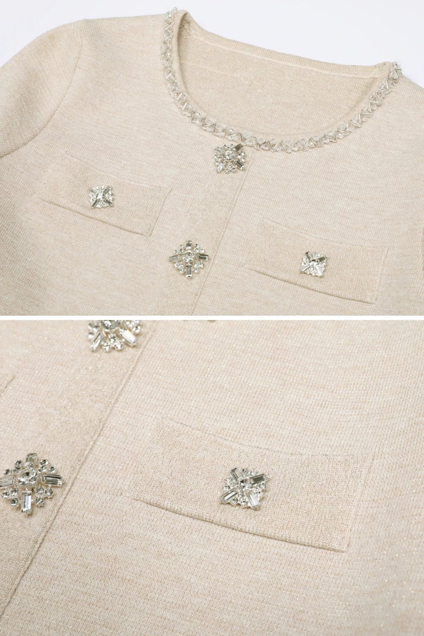 Long Sleeve Knit Co-Ord Set With Sparkling Embellishments - Beige