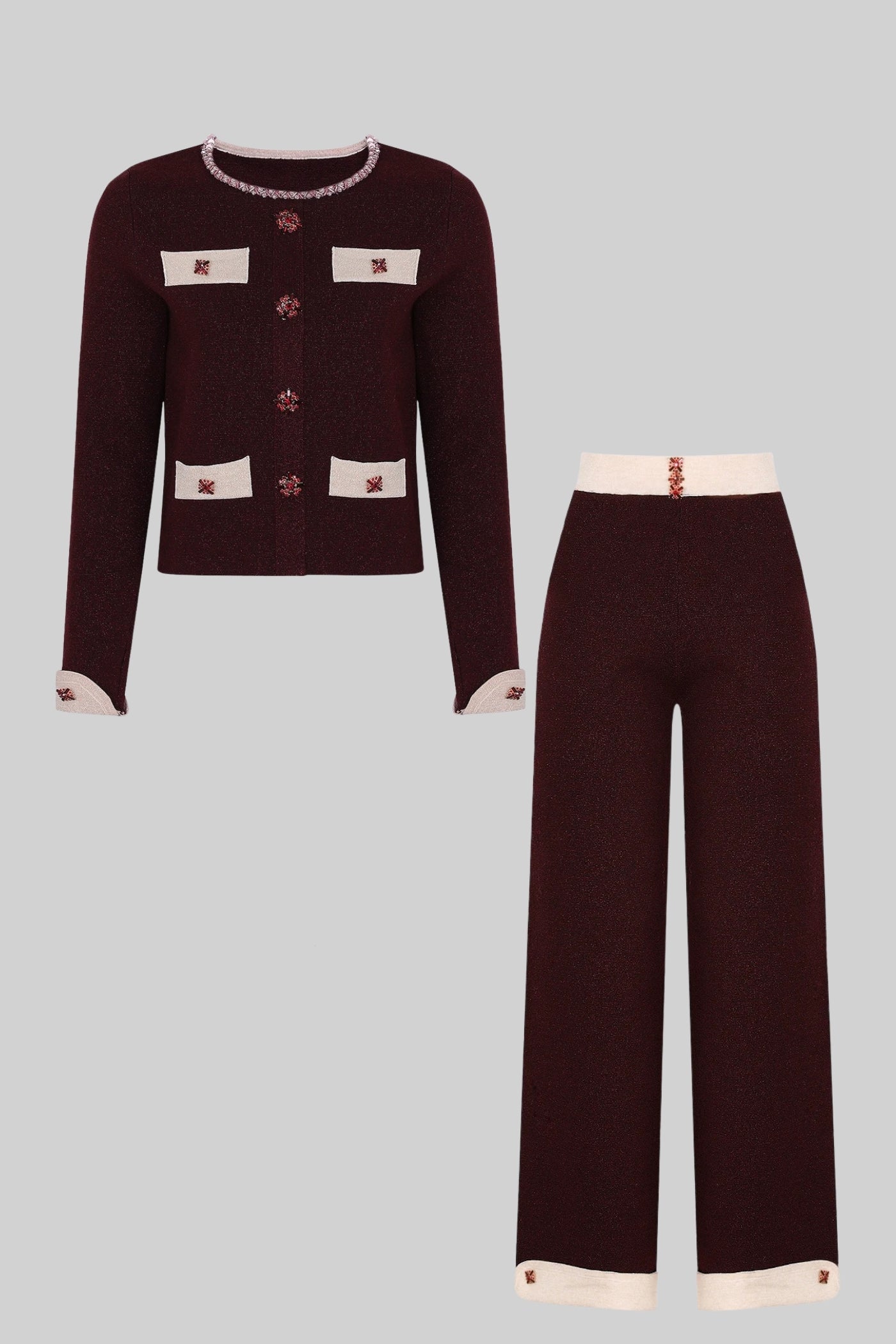 Long Sleeve Knit Co-Ord Set With Contrast Trim And Sparkling Embellishments - Burgundy