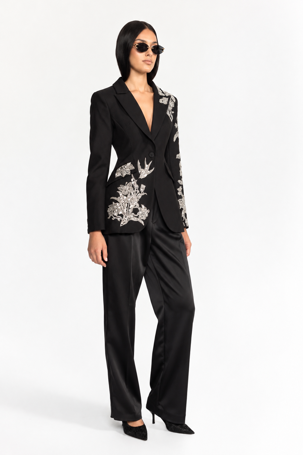 Sequin Bird Embroidered Tailored Blazer - Black
