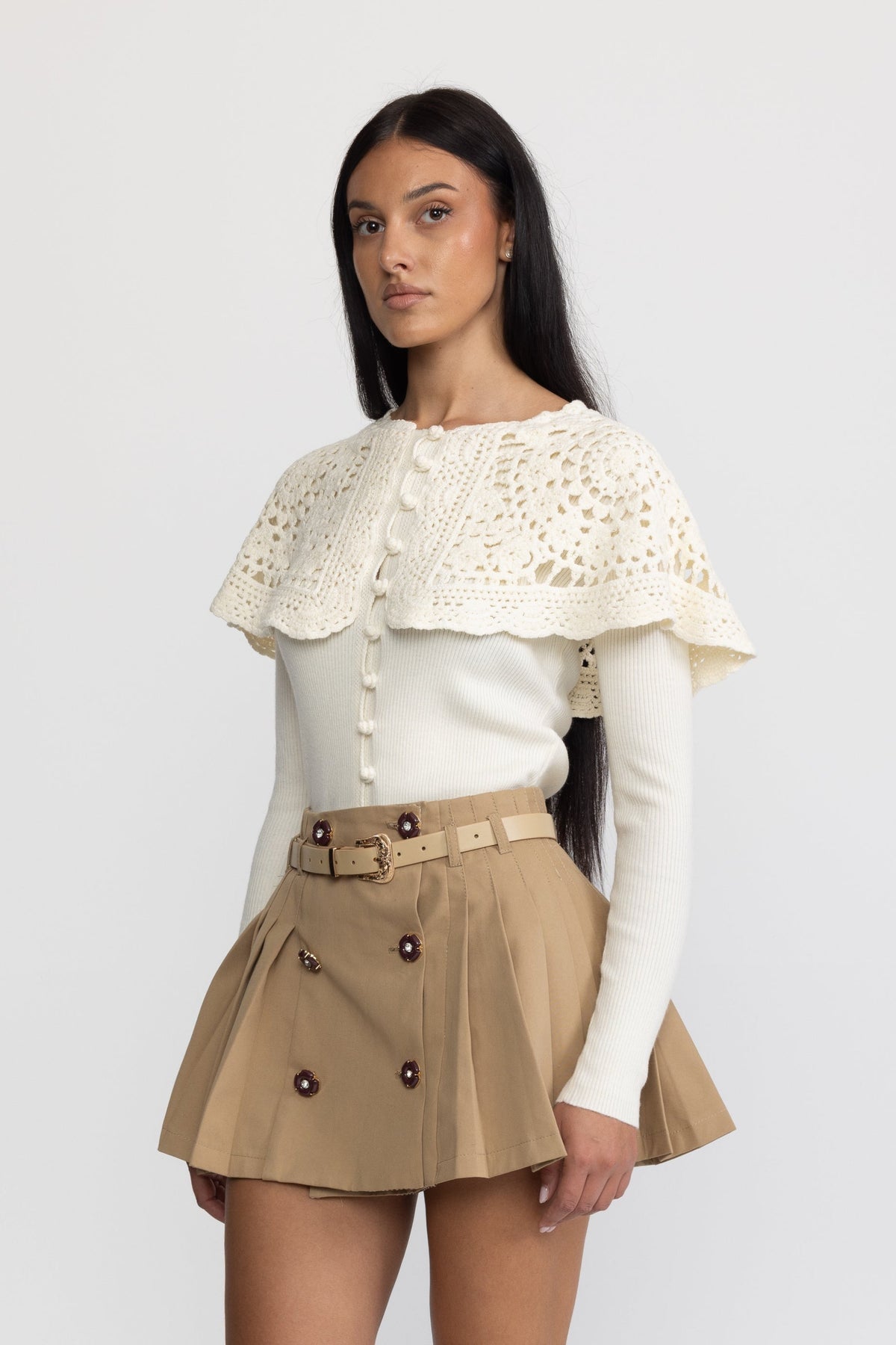 Belted Pleated Jewel Button Mini Skirt - Khaki