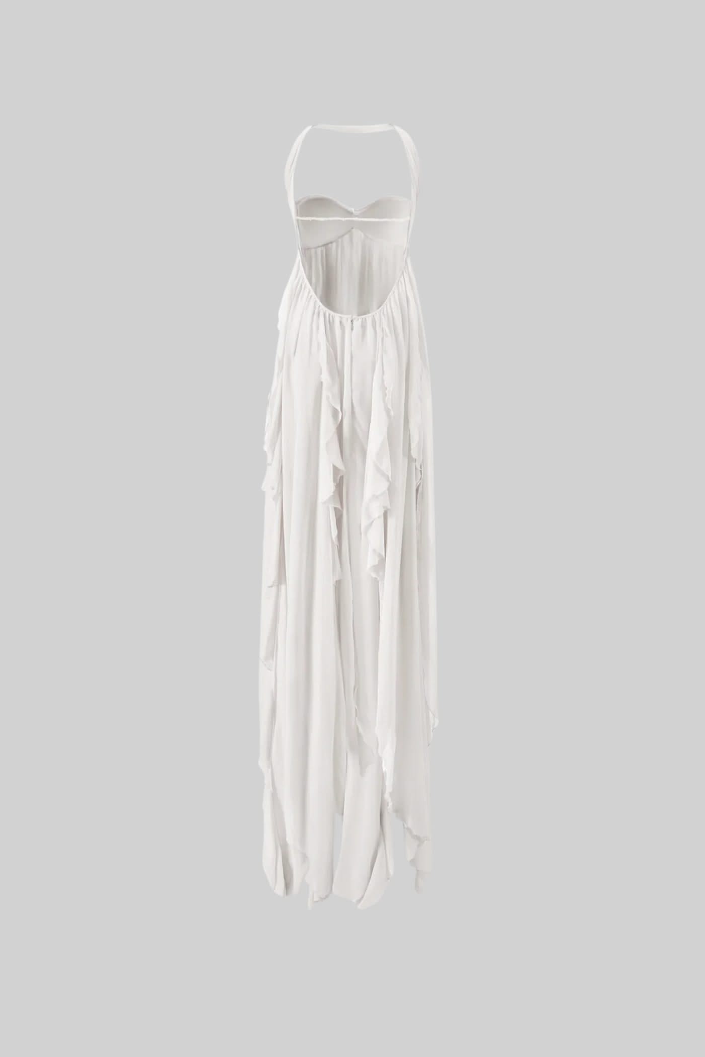 Allure Strapless Gown With Flowing Layered Skirt And Asymmetrical Hemline - White