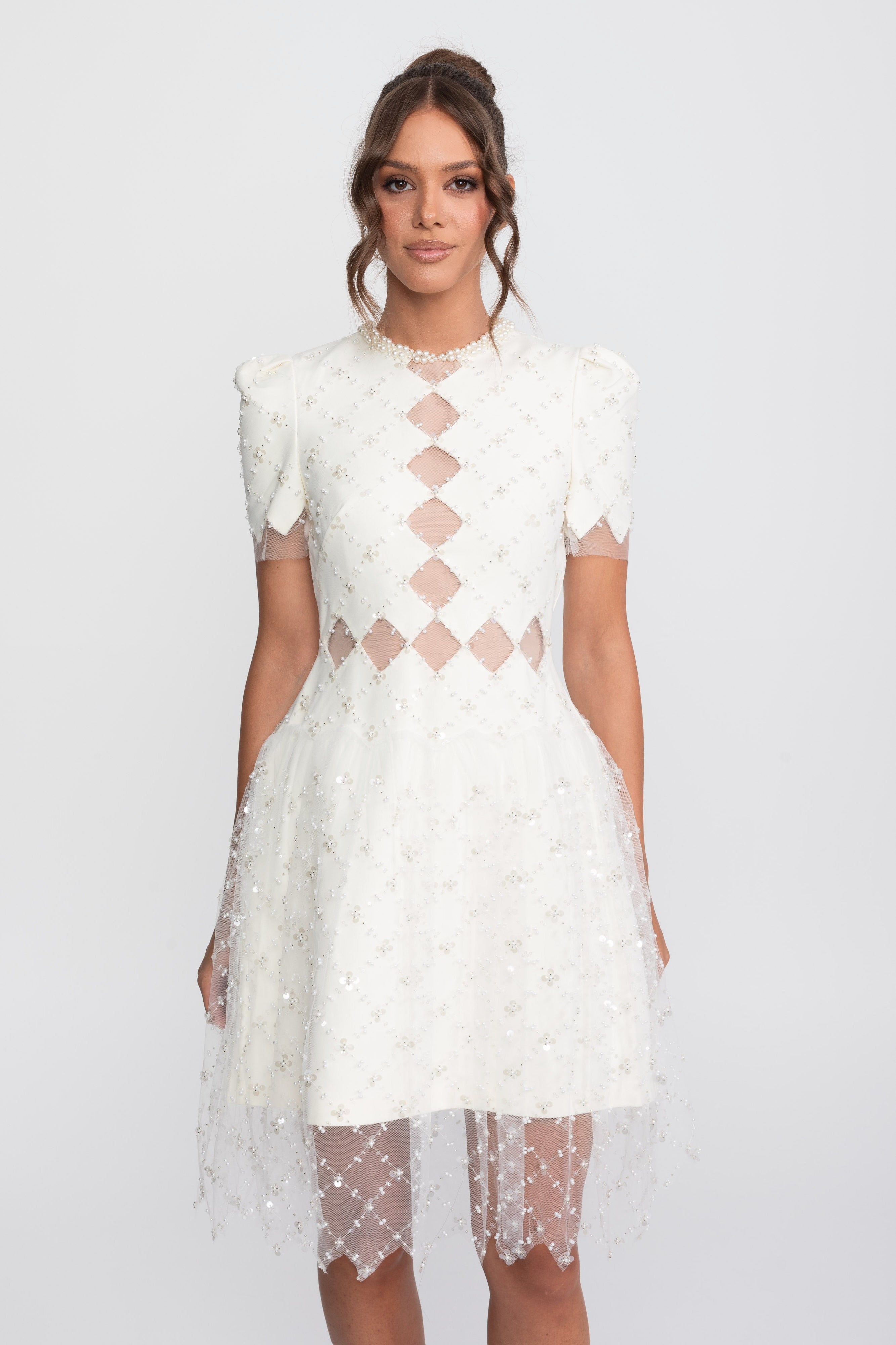 Diamond Cut-Out Beaded Dress With Pearl Trim - White