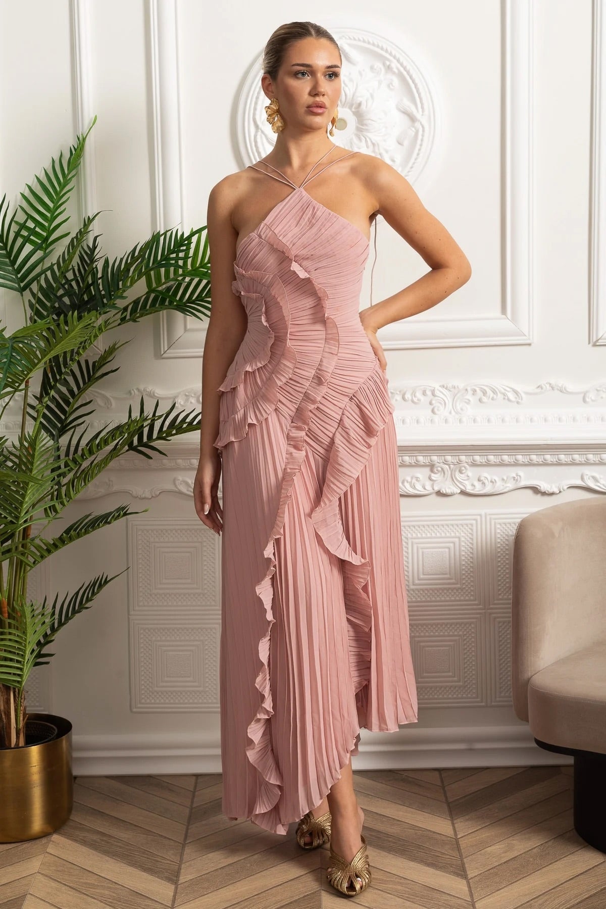 Pleated Halter Midi Dress With Cascading Ruffle Details - Pink, M Pleated Halter Midi Dress With Cascading Ruffle Details - Pink, M